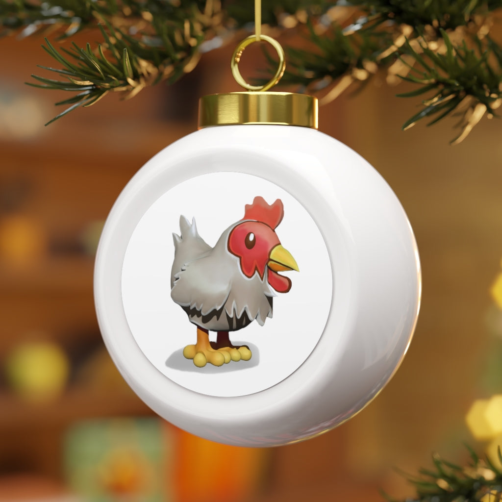 A glossy 3-inch Chicken Christmas Ball Ornament with a gold ribbon, featuring a vintage design and customizable metal insert.