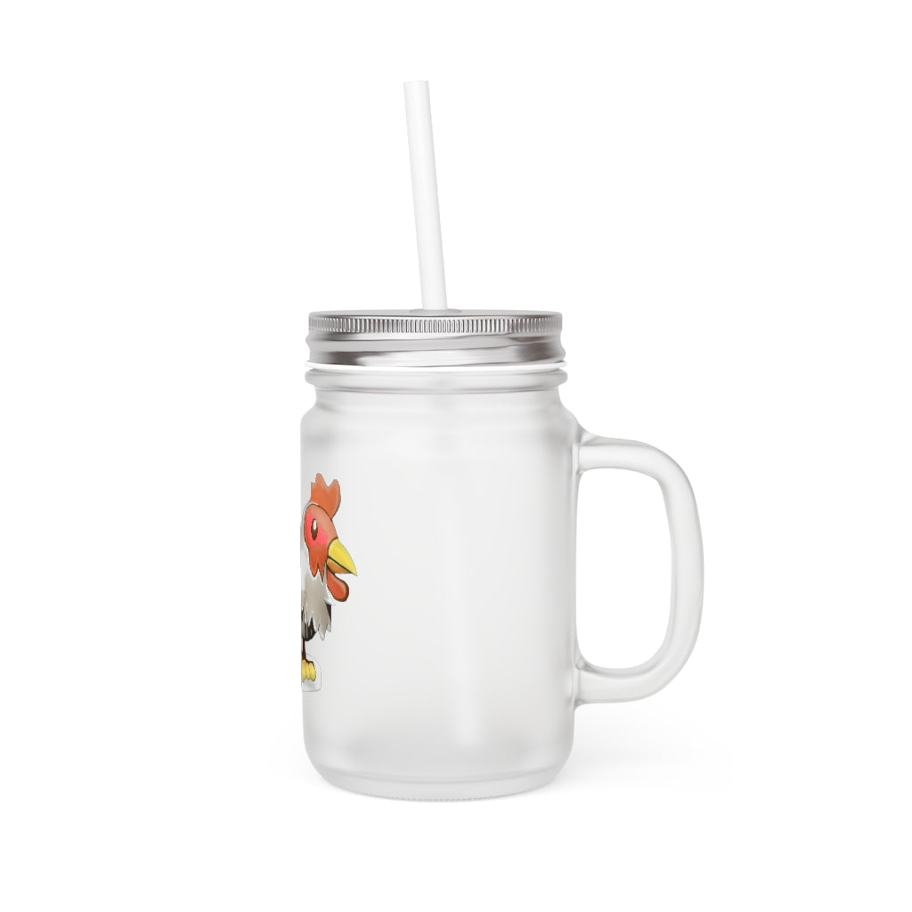 A stylish Chicken Mason Jar made of frosted glass, featuring a straw and lid, perfect for personalized drinks.