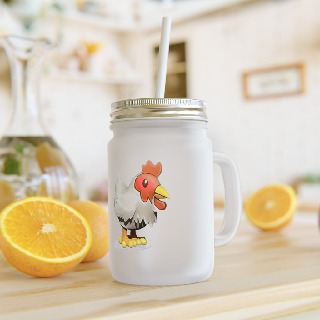 A stylish Chicken Mason Jar made of frosted glass, featuring a straw and lid, perfect for personalized drinks.