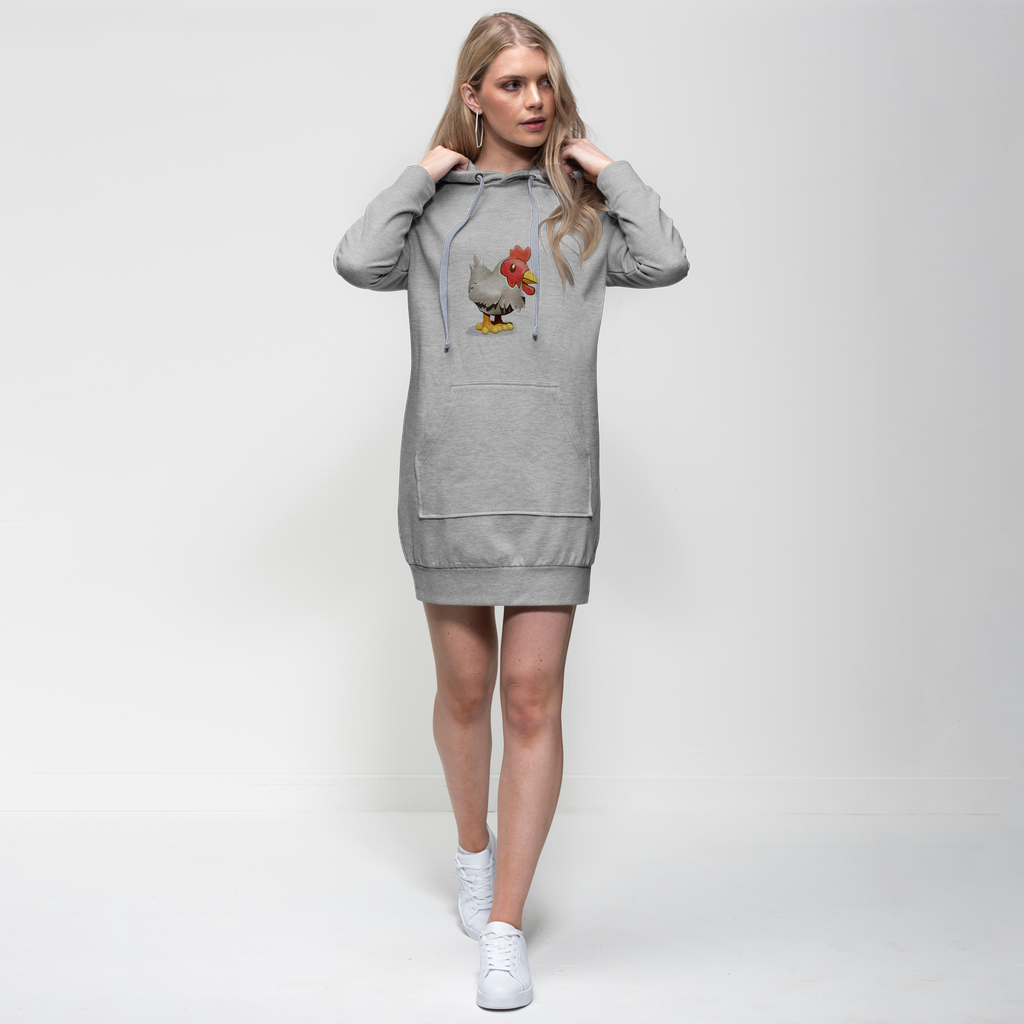A stylish Chicken Premium Adult Hoodie Dress featuring a relaxed fit, hood with drawstring, and kangaroo pouch pocket, perfect for casual wear.
