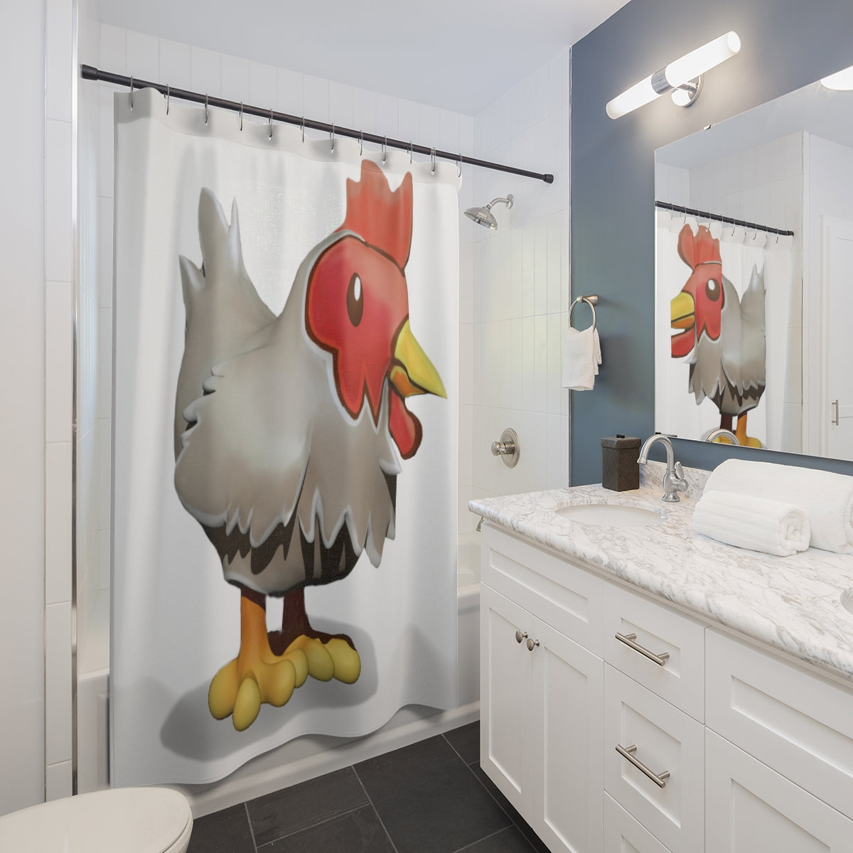 Colorful chicken-themed shower curtain made of durable polyester, featuring a vibrant one-sided print.