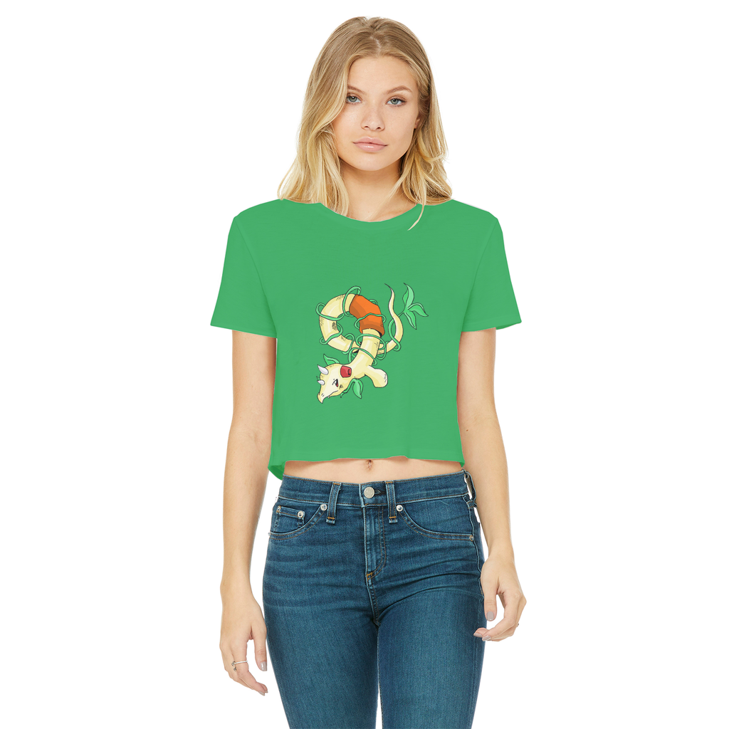Chickgoton Classic Women's Cropped Raw Edge T-Shirt featuring a round neck, short sleeves, and a stylish raw edge hem in a vibrant color.
