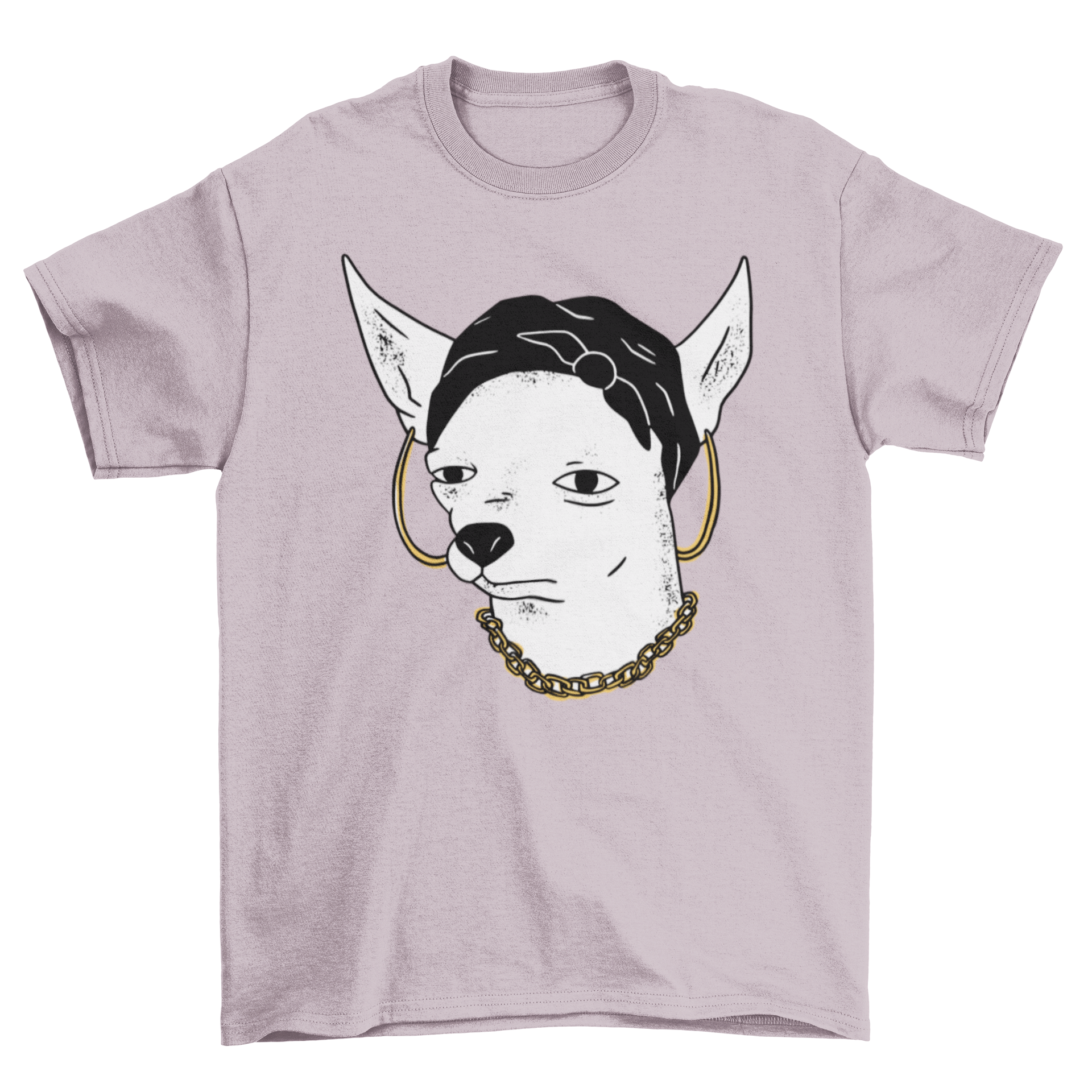 Dog wearing jewelry cartoon t-shirt.