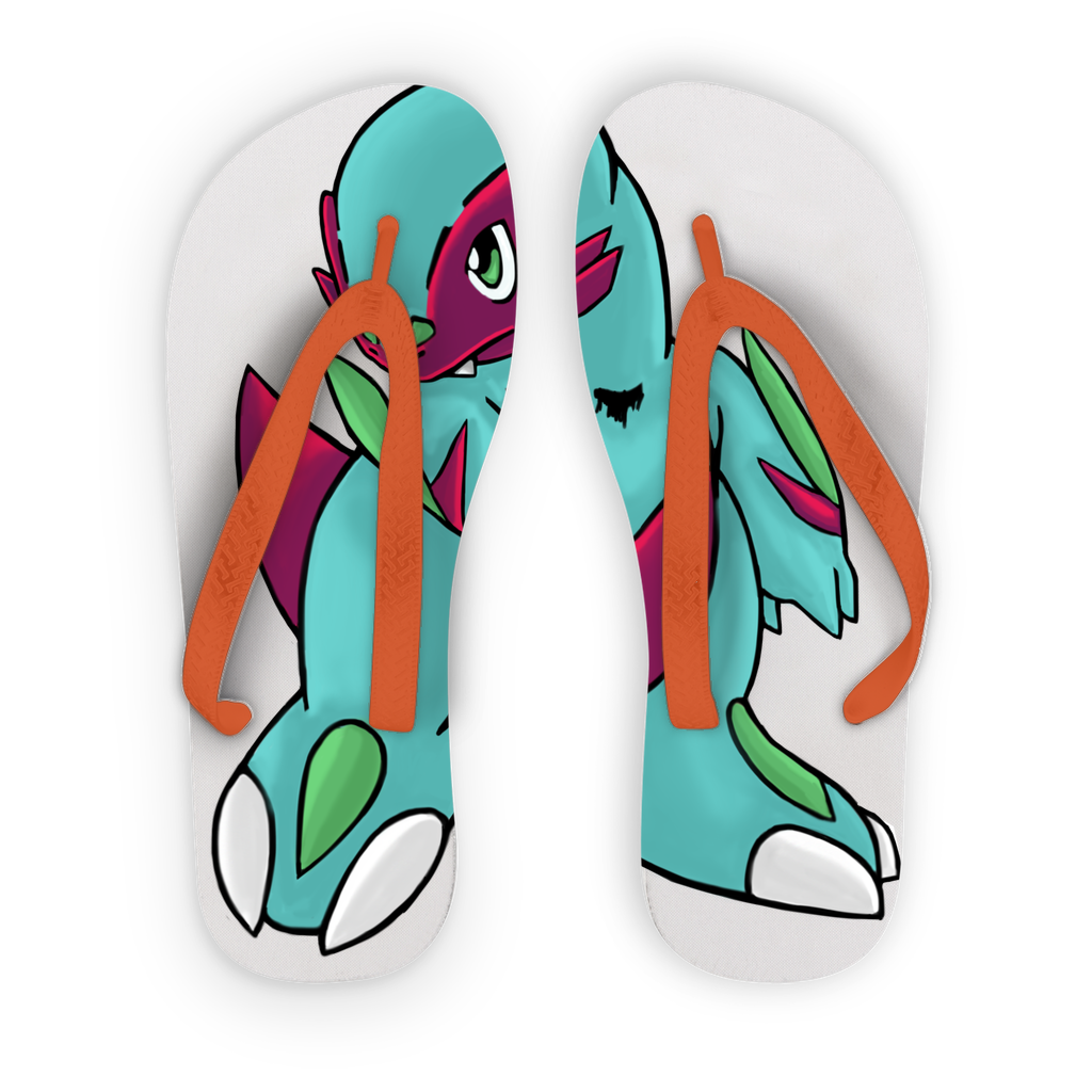 Chiki Kids Flip Flops featuring customizable printed fabric with black and orange straps, perfect for summer fun.