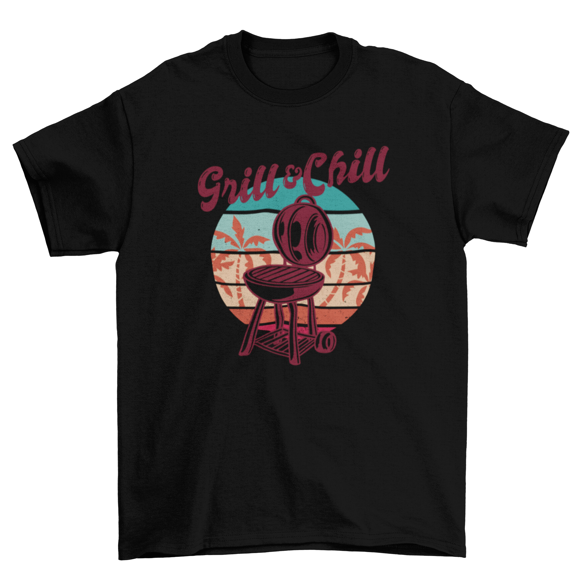 Chill and grill t-shirt featuring a retro sunset and grill design with the quote 'Grill and Chill'.