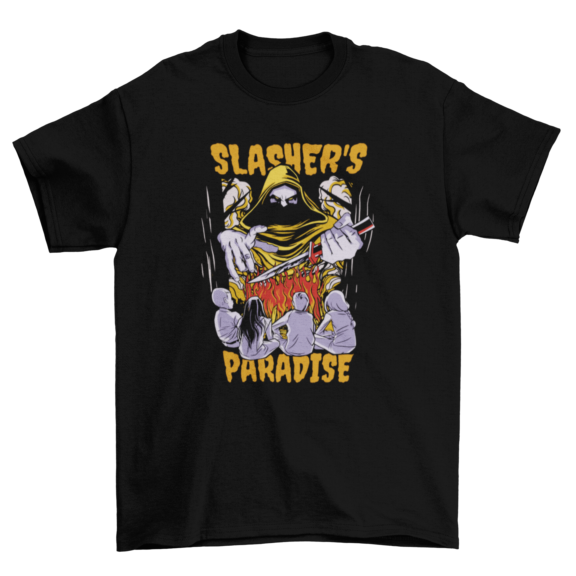 Children's t-shirt featuring a playful killer design with a knife and the quote 'Slasher's paradise', perfect for camping adventures.