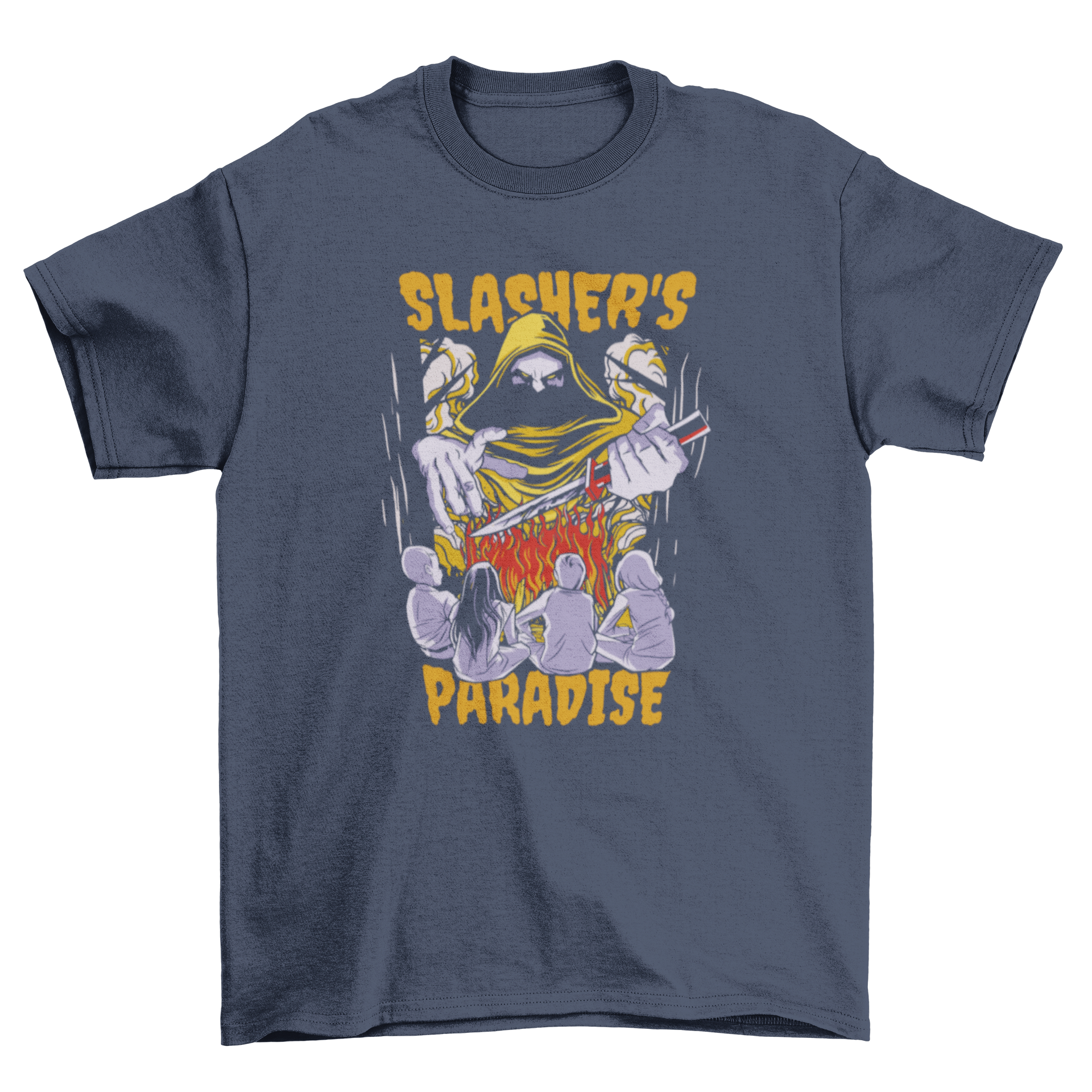 Children's t-shirt featuring a playful killer design with a knife and the quote 'Slasher's paradise', perfect for camping adventures.