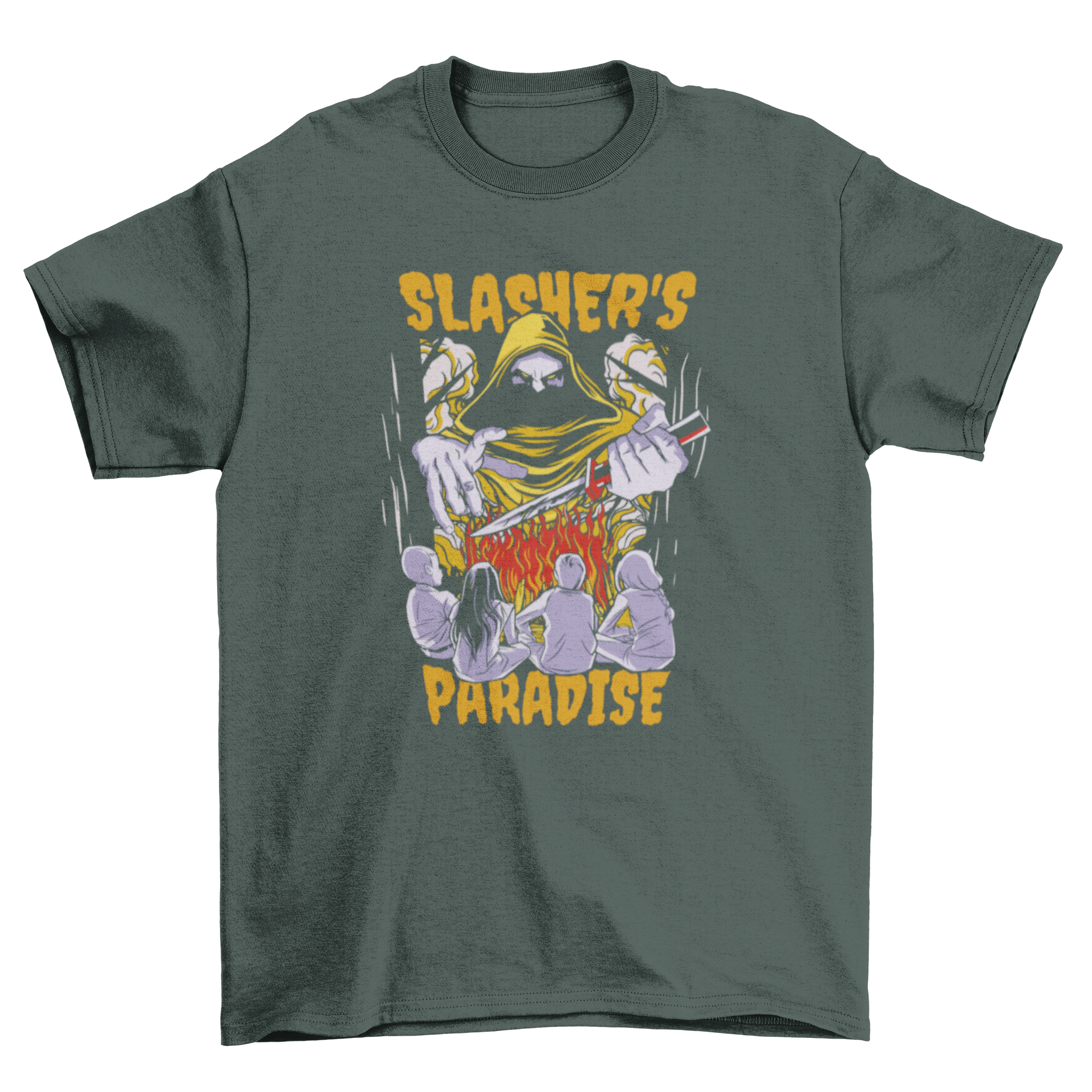 Children's t-shirt featuring a playful killer design with a knife and the quote 'Slasher's paradise', perfect for camping adventures.