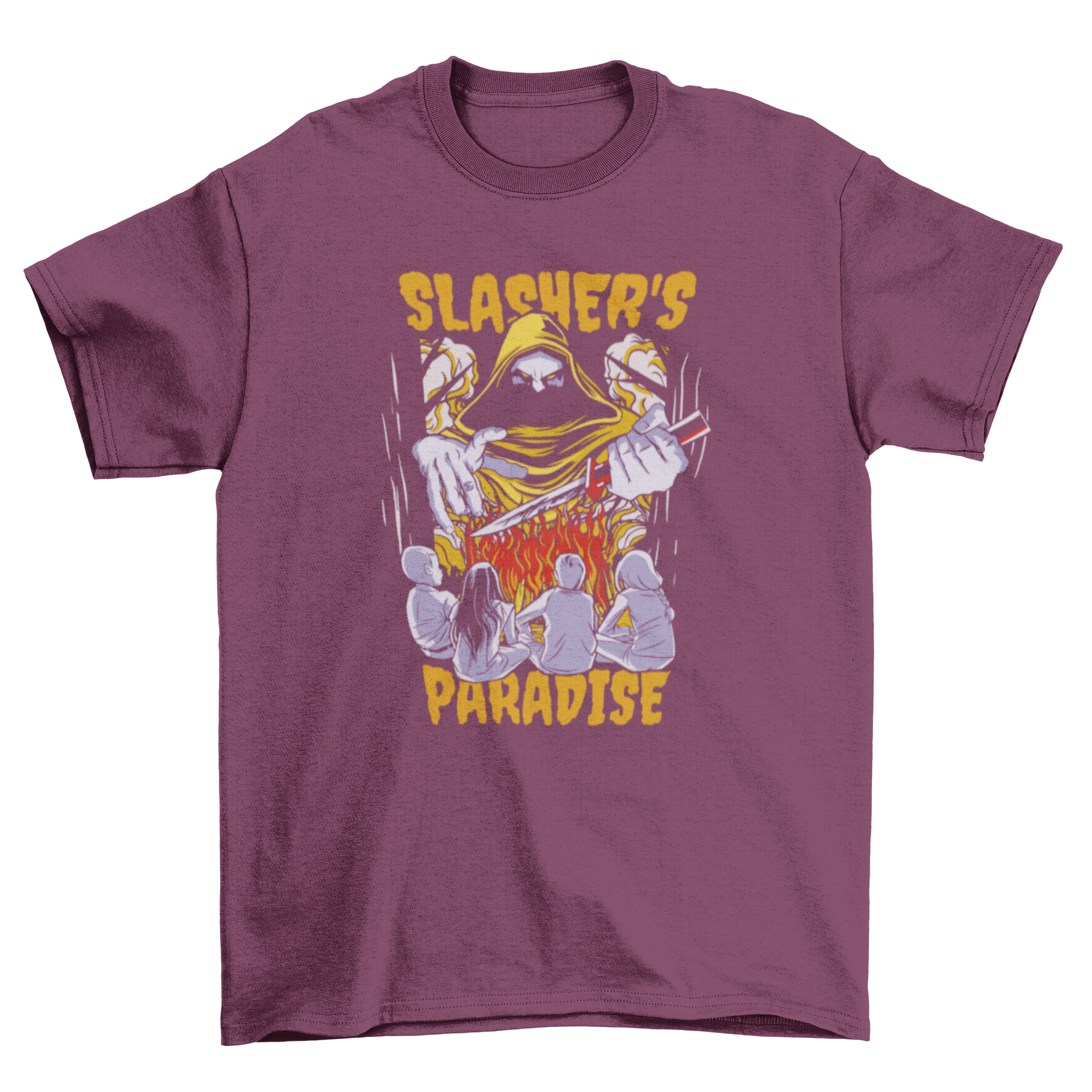 Children's t-shirt featuring a playful killer design with a knife and the quote 'Slasher's paradise', perfect for camping adventures.