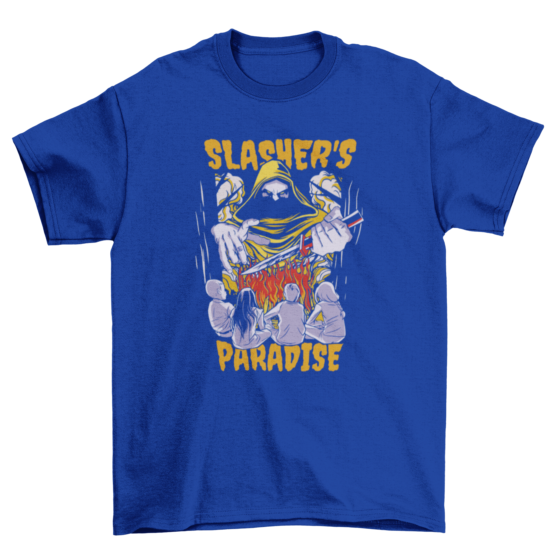 Children's t-shirt featuring a playful killer design with a knife and the quote 'Slasher's paradise', perfect for camping adventures.