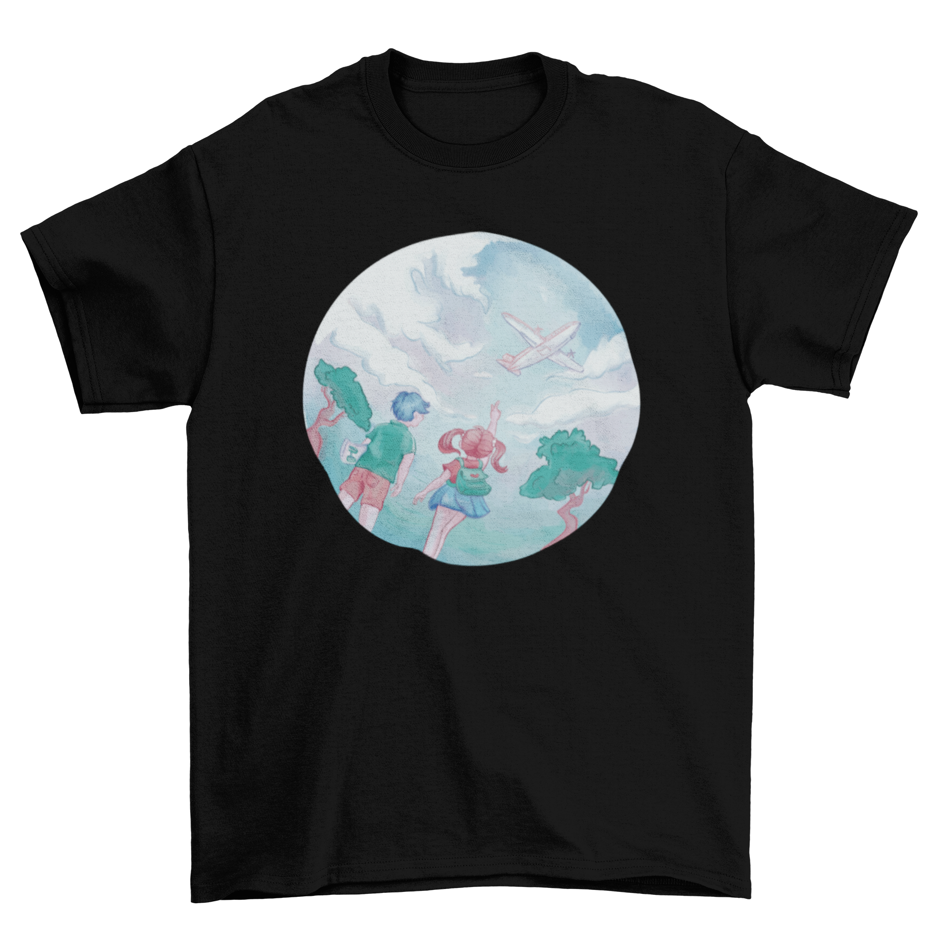 Children looking up at a plane in the sky, featured on a colorful t-shirt design.