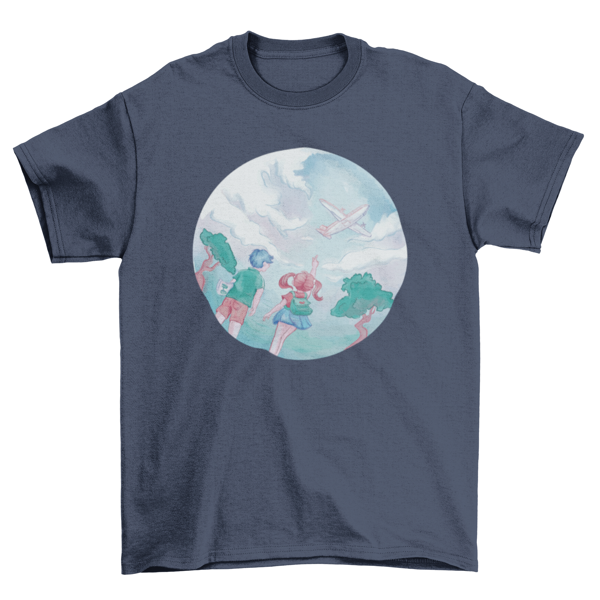 Children looking up at a plane in the sky, featured on a colorful t-shirt design.