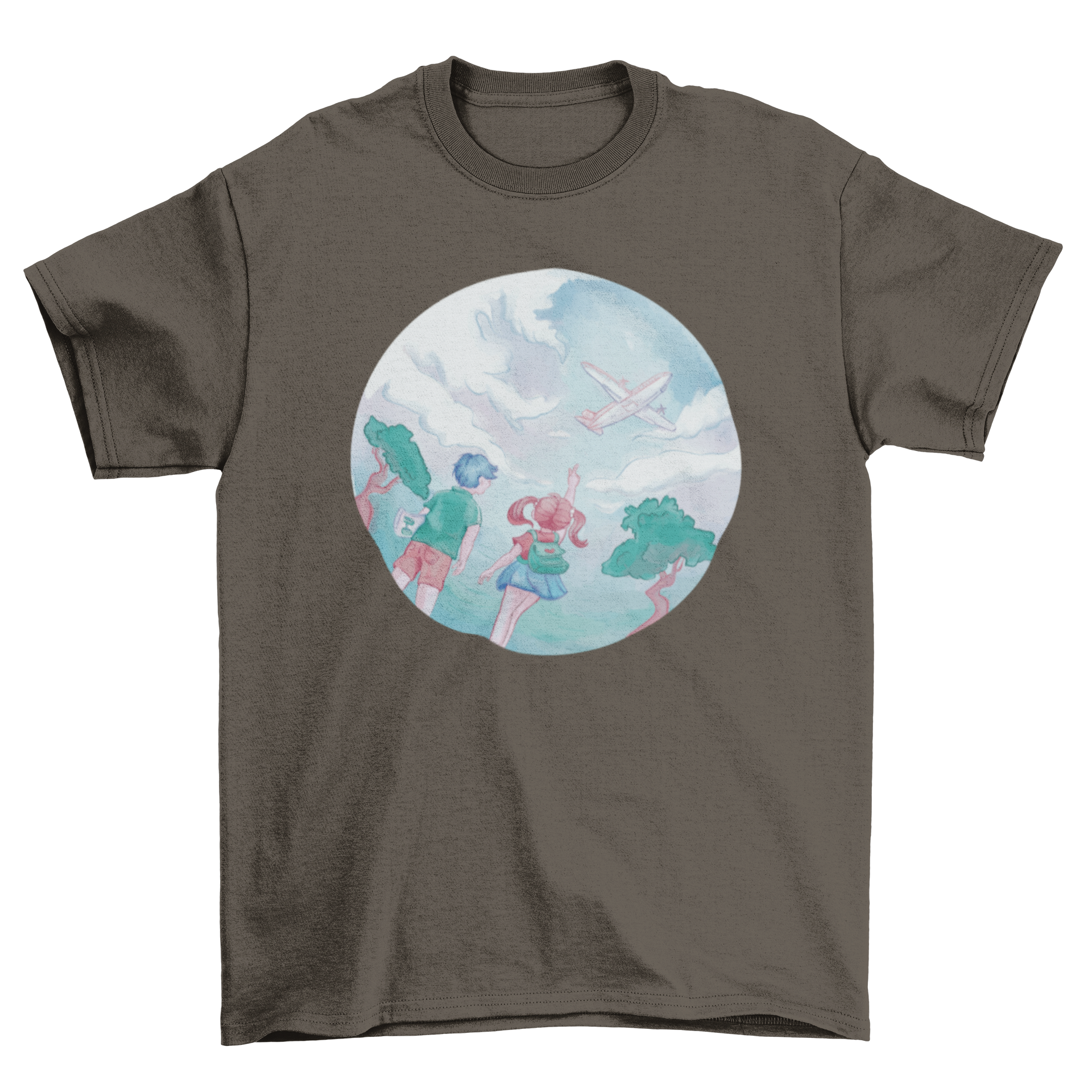 Children looking up at a plane in the sky, featured on a colorful t-shirt design.
