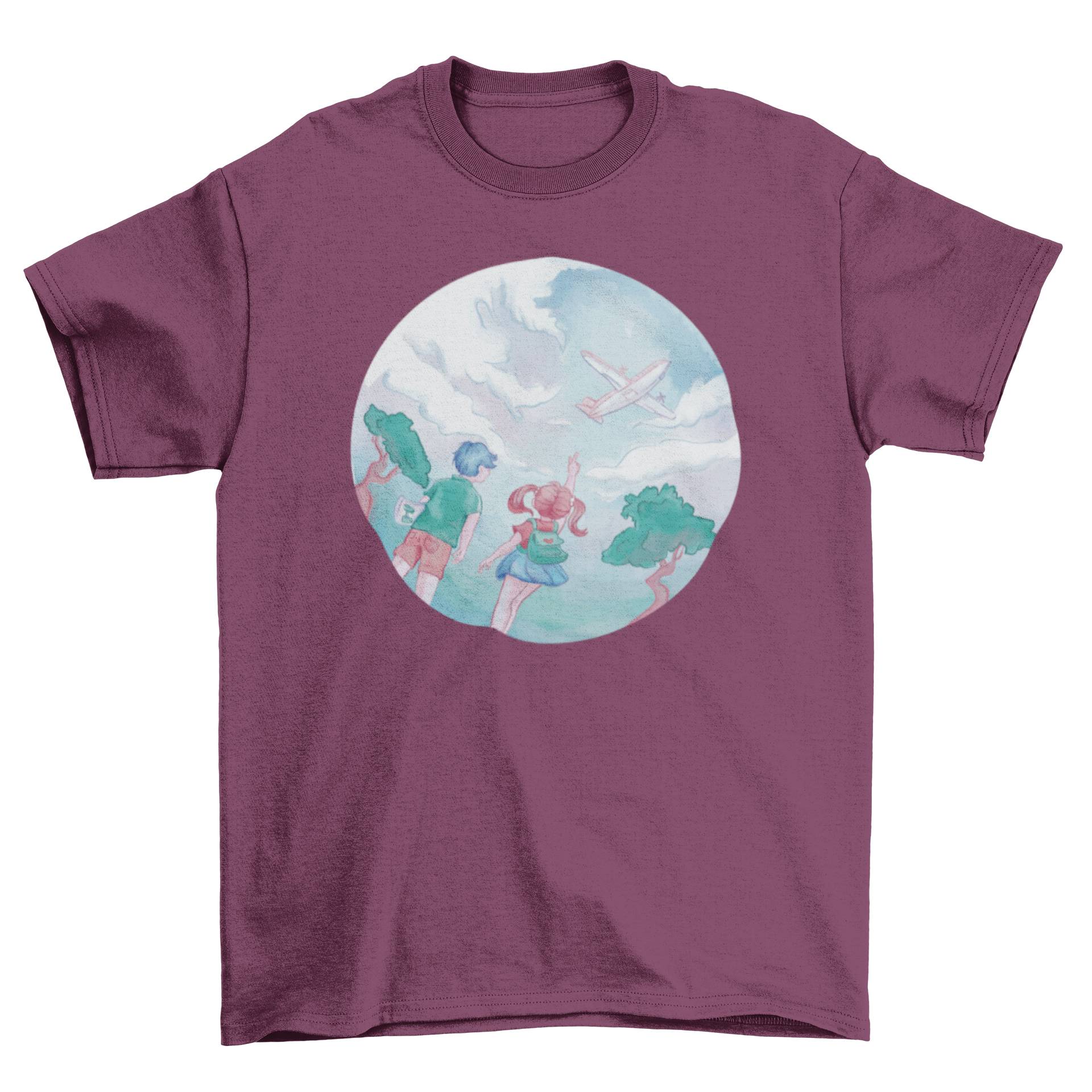 Children looking up at a plane in the sky, featured on a colorful t-shirt design.