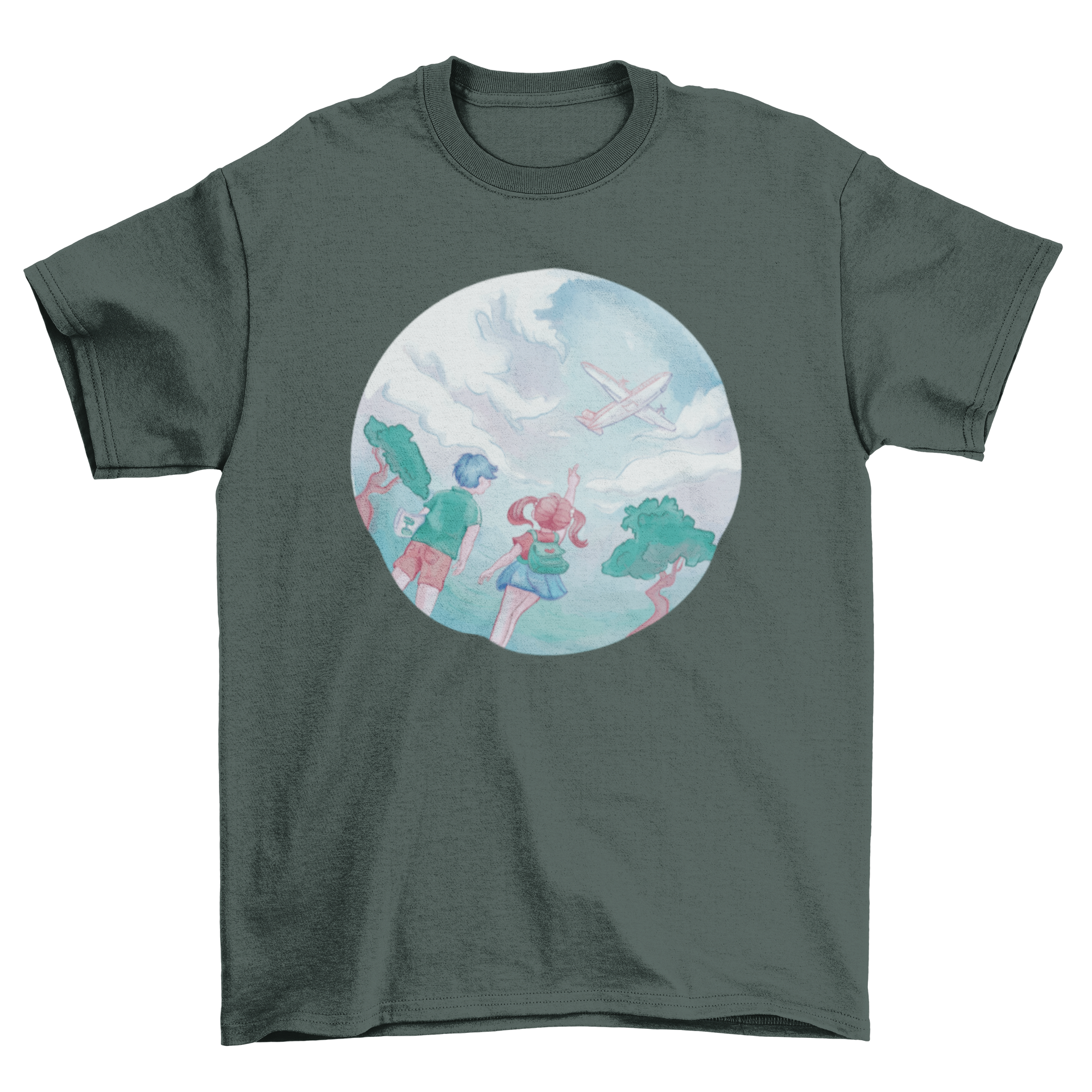 Children looking up at a plane in the sky, featured on a colorful t-shirt design.