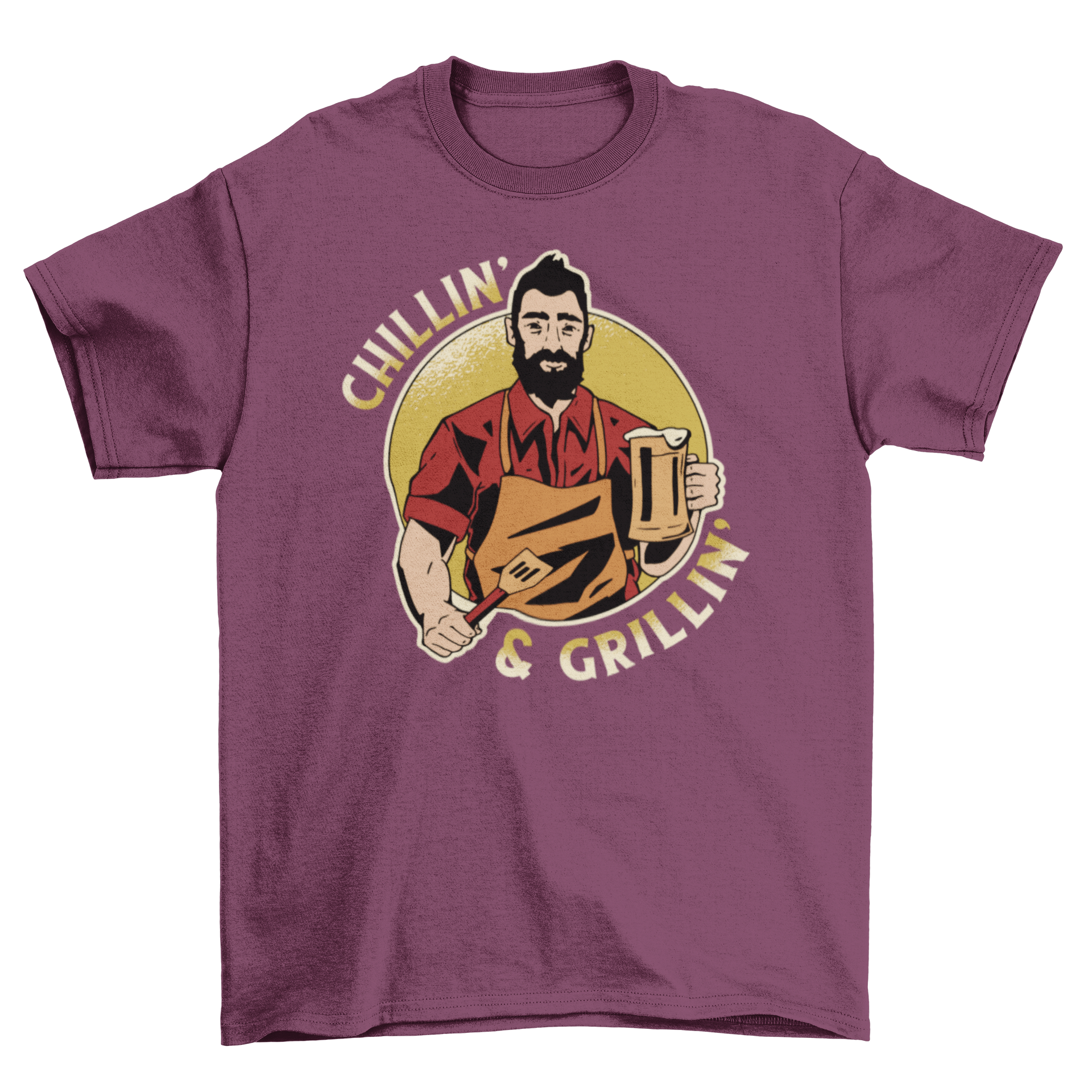 Chillin' & Grillin' t-shirt featuring a man with a spatula and beer, showcasing a fun BBQ design.