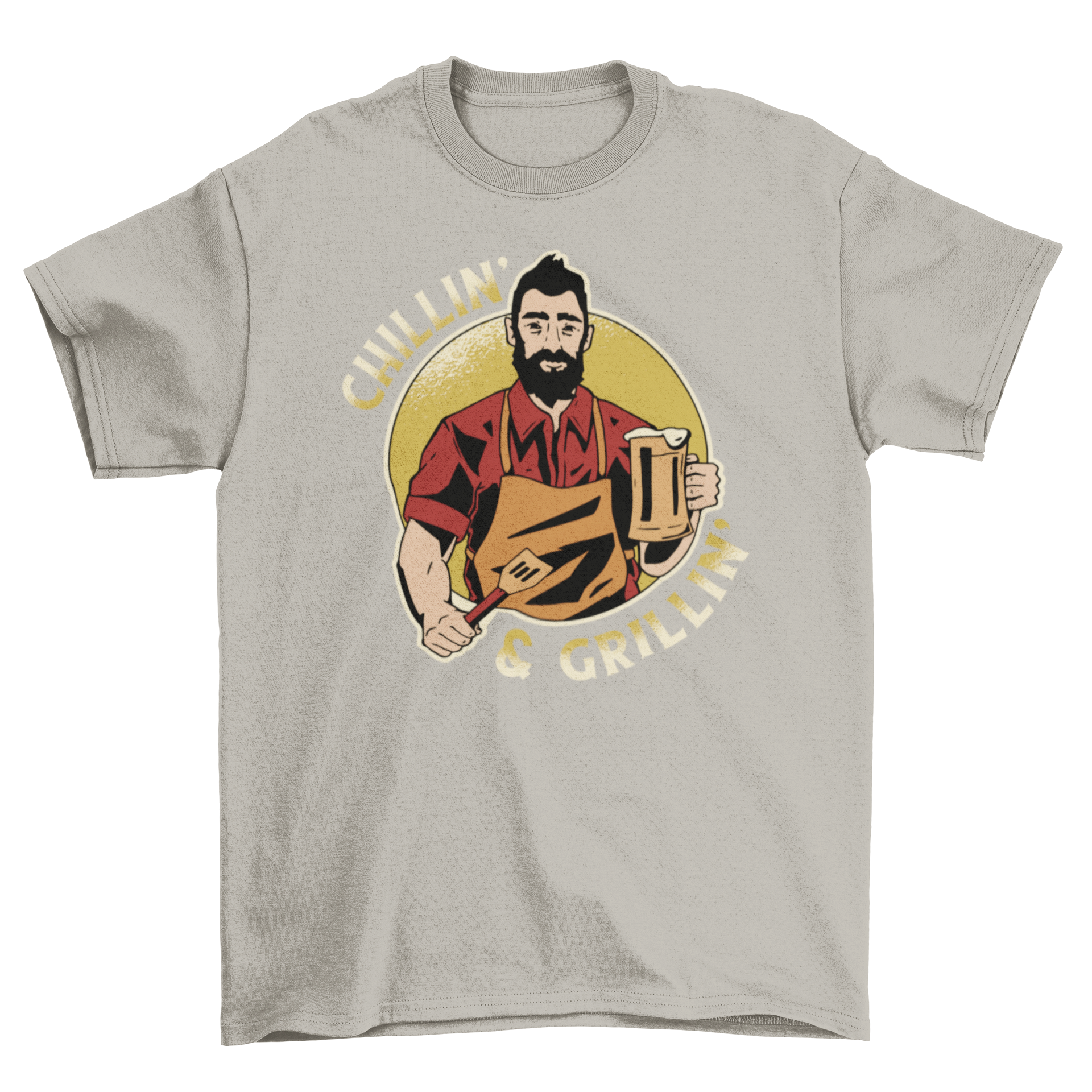 Chillin' & Grillin' t-shirt featuring a man with a spatula and beer, showcasing a fun BBQ design.