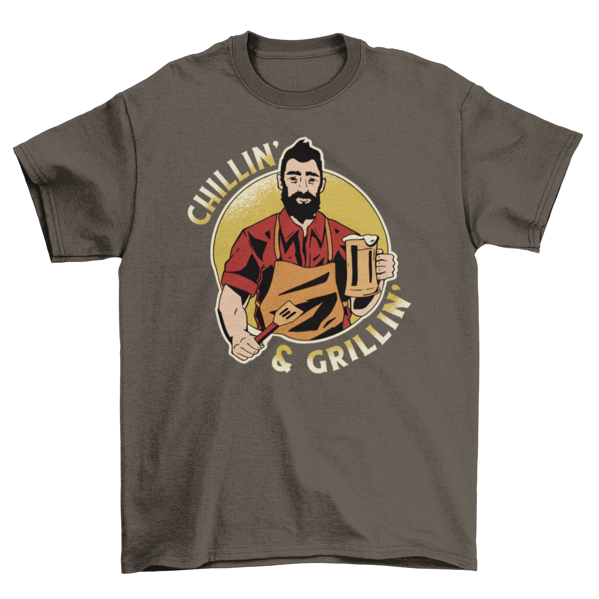 Chillin' & Grillin' t-shirt featuring a man with a spatula and beer, showcasing a fun BBQ design.