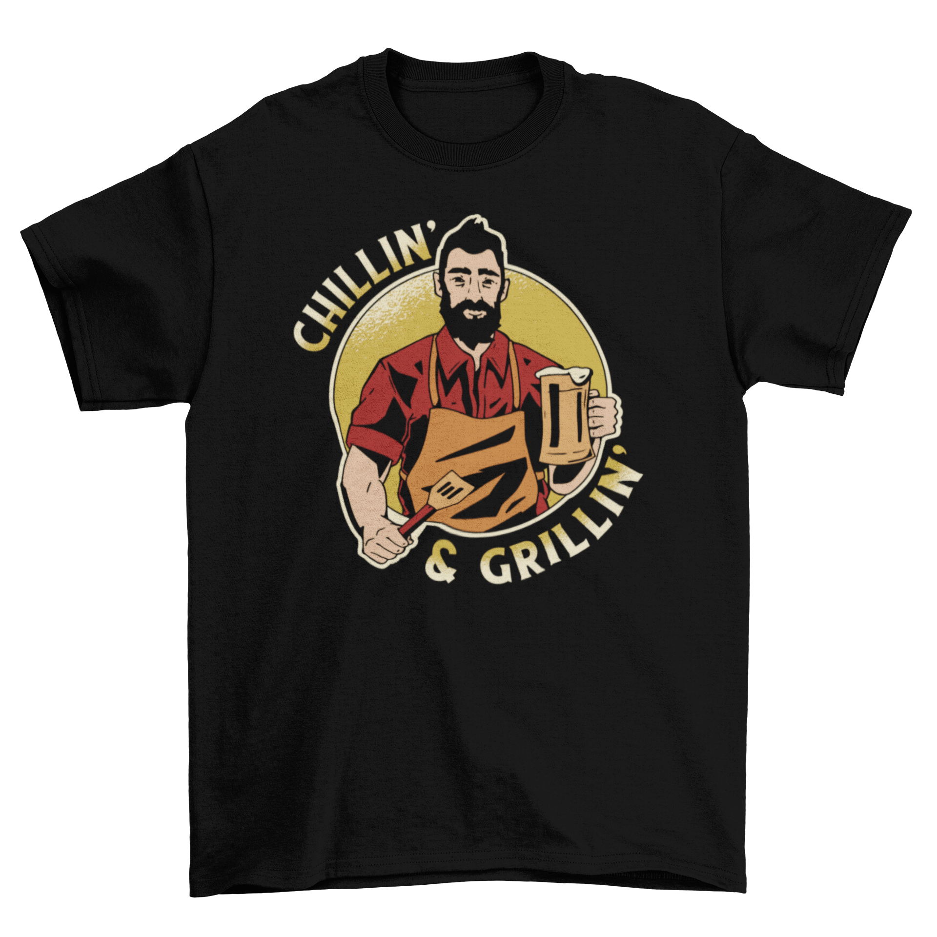 Chillin' & Grillin' t-shirt featuring a man with a spatula and beer, showcasing a fun BBQ design.