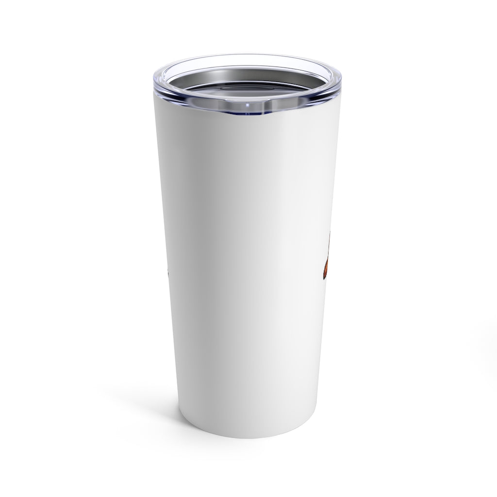 Chinchow Tumbler 20oz in stainless steel with a see-thru plastic lid, showcasing its sleek design and rounded corners.