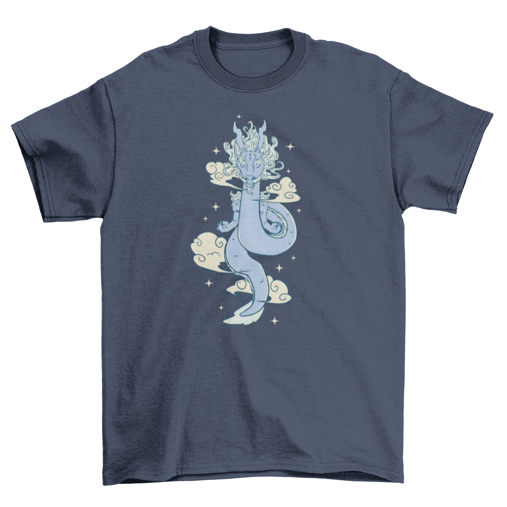 A vibrant blue Chinese dragon flying on a magical t-shirt, showcasing intricate details and a dynamic design.