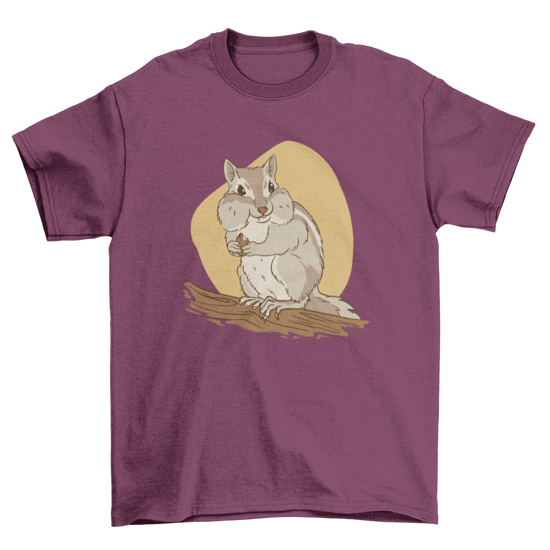A cute chipmunk holding a peanut in its paws, featured on a t-shirt design.