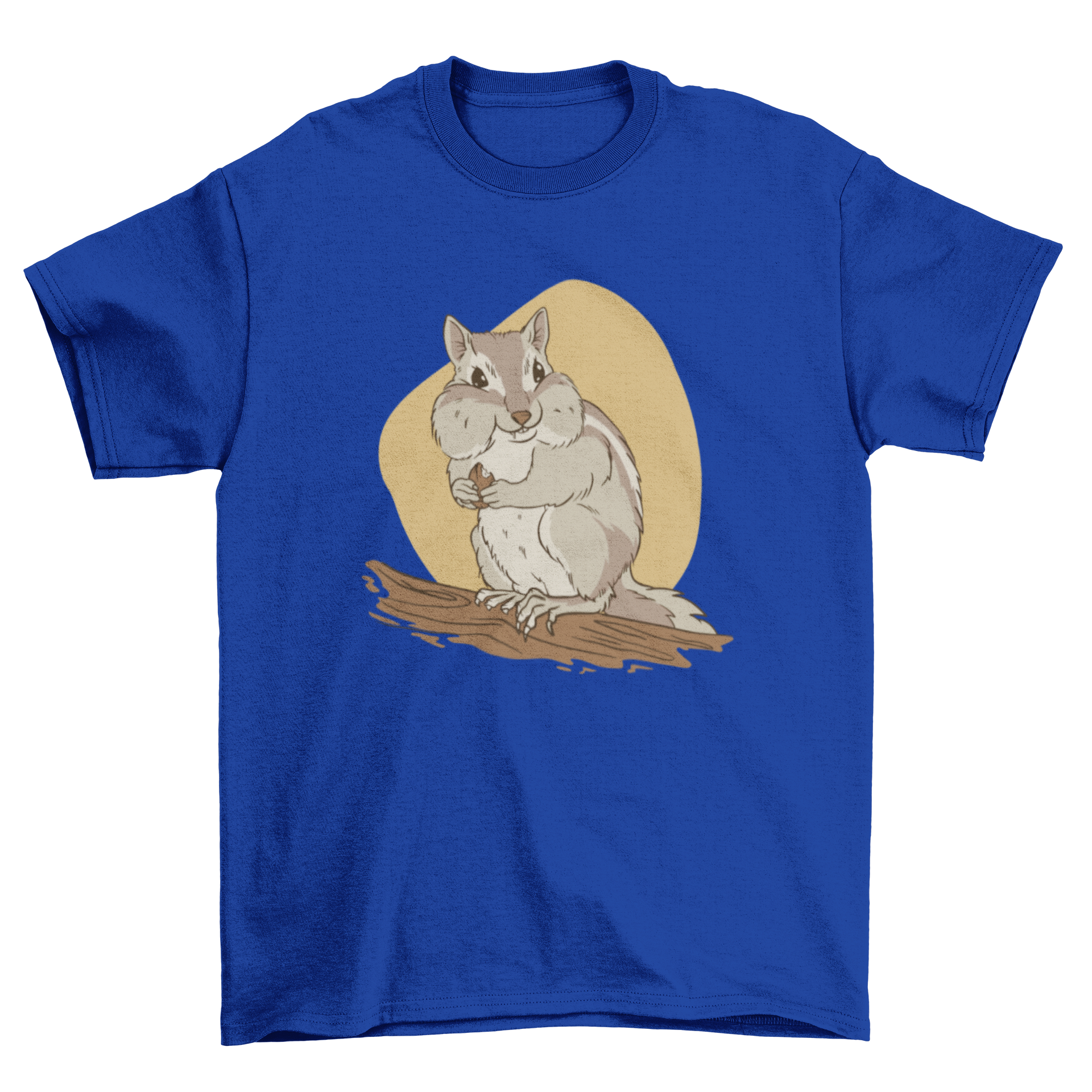 A cute chipmunk holding a peanut in its paws, featured on a t-shirt design.