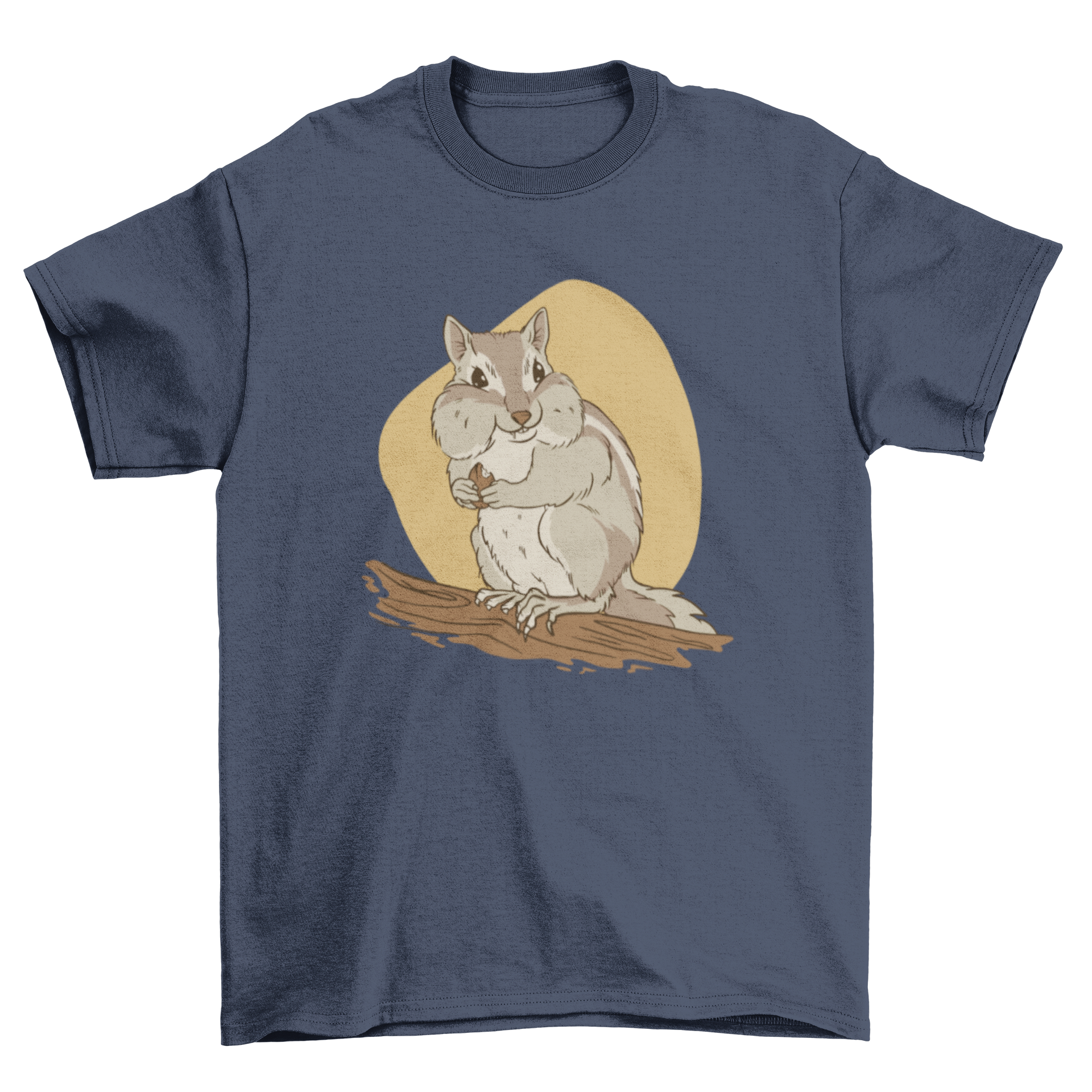 A cute chipmunk holding a peanut in its paws, featured on a t-shirt design.