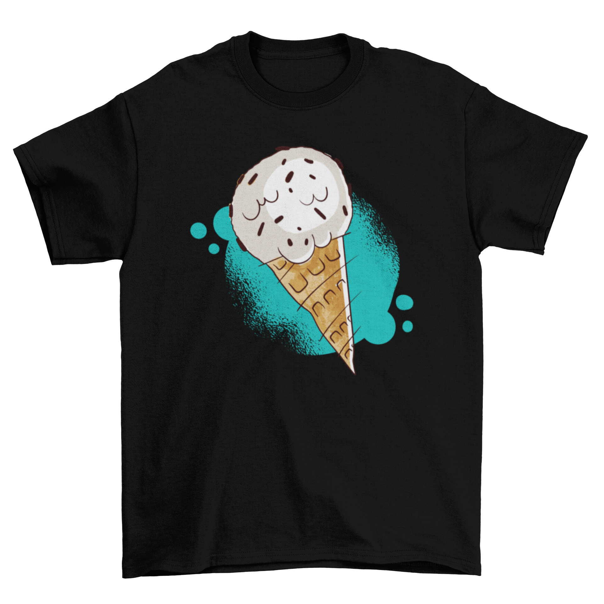 A colorful T-shirt design featuring a delicious chocolate chip ice cream cone with vibrant colors and detailed graphics.