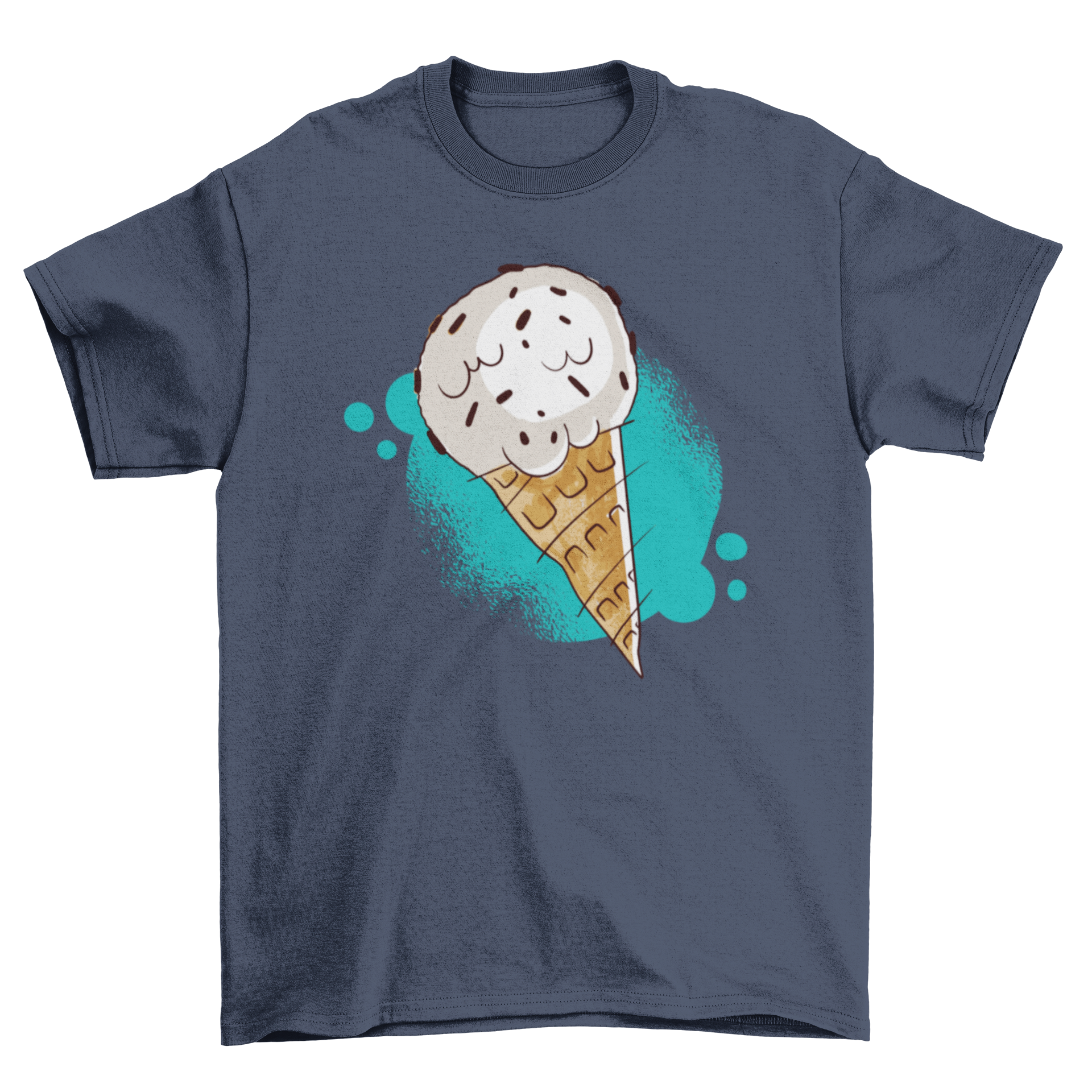 A colorful T-shirt design featuring a delicious chocolate chip ice cream cone with vibrant colors and detailed graphics.