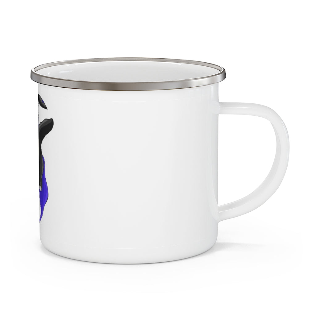 Choyri Enamel Camping Mug in a natural outdoor setting, showcasing its durable design and customizable print.