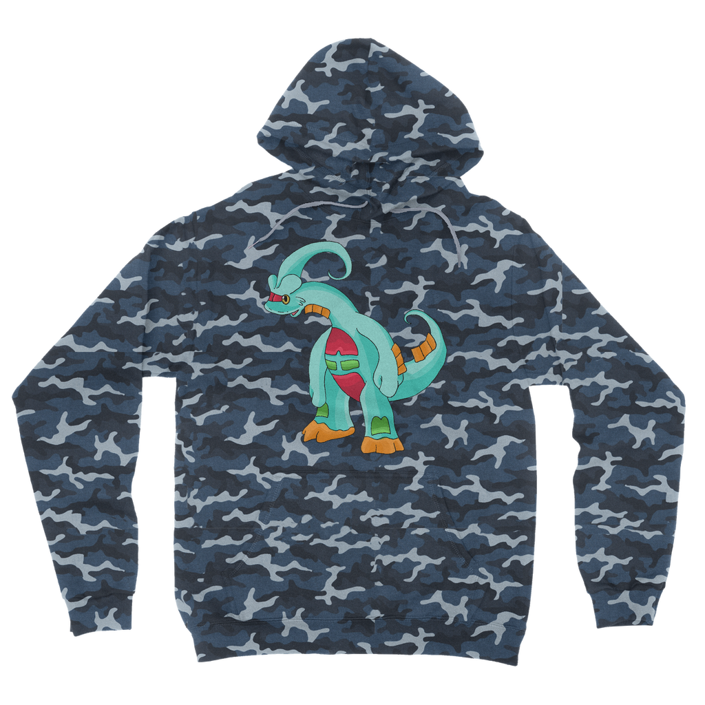 Chrisikle Camouflage Adult Hoodie featuring an all-over camo design, flat lace drawcords, and kangaroo pouch pocket.