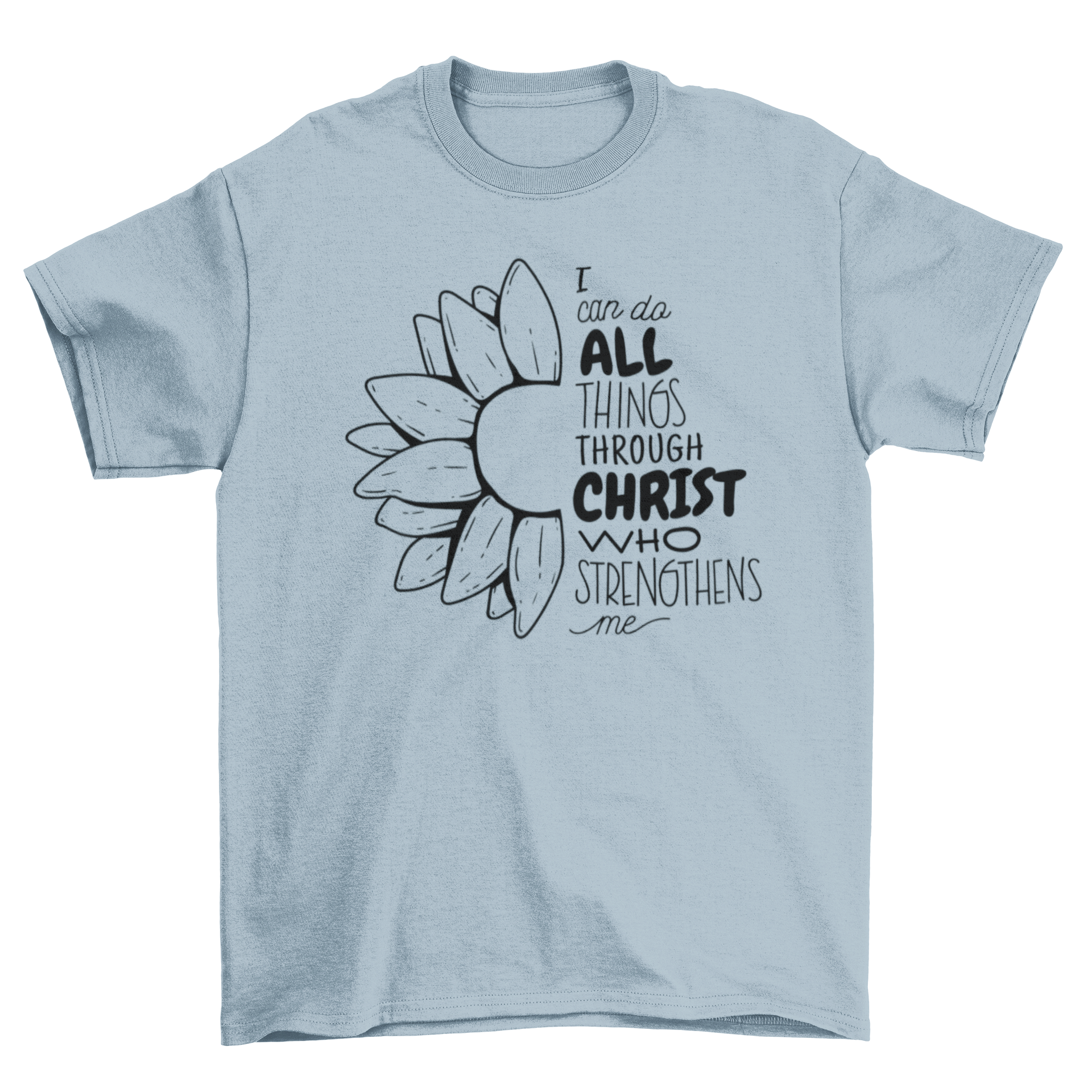 A stylish Christian t-shirt featuring the quote 'I can do all things through Christ who strengthens me' in bold lettering.