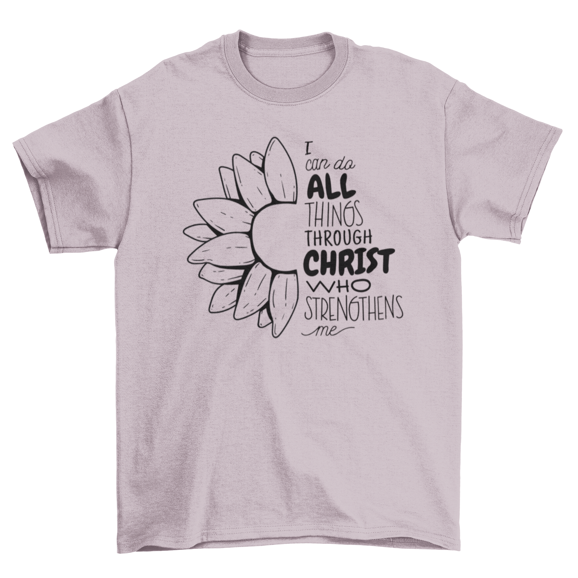 A stylish Christian t-shirt featuring the quote 'I can do all things through Christ who strengthens me' in bold lettering.
