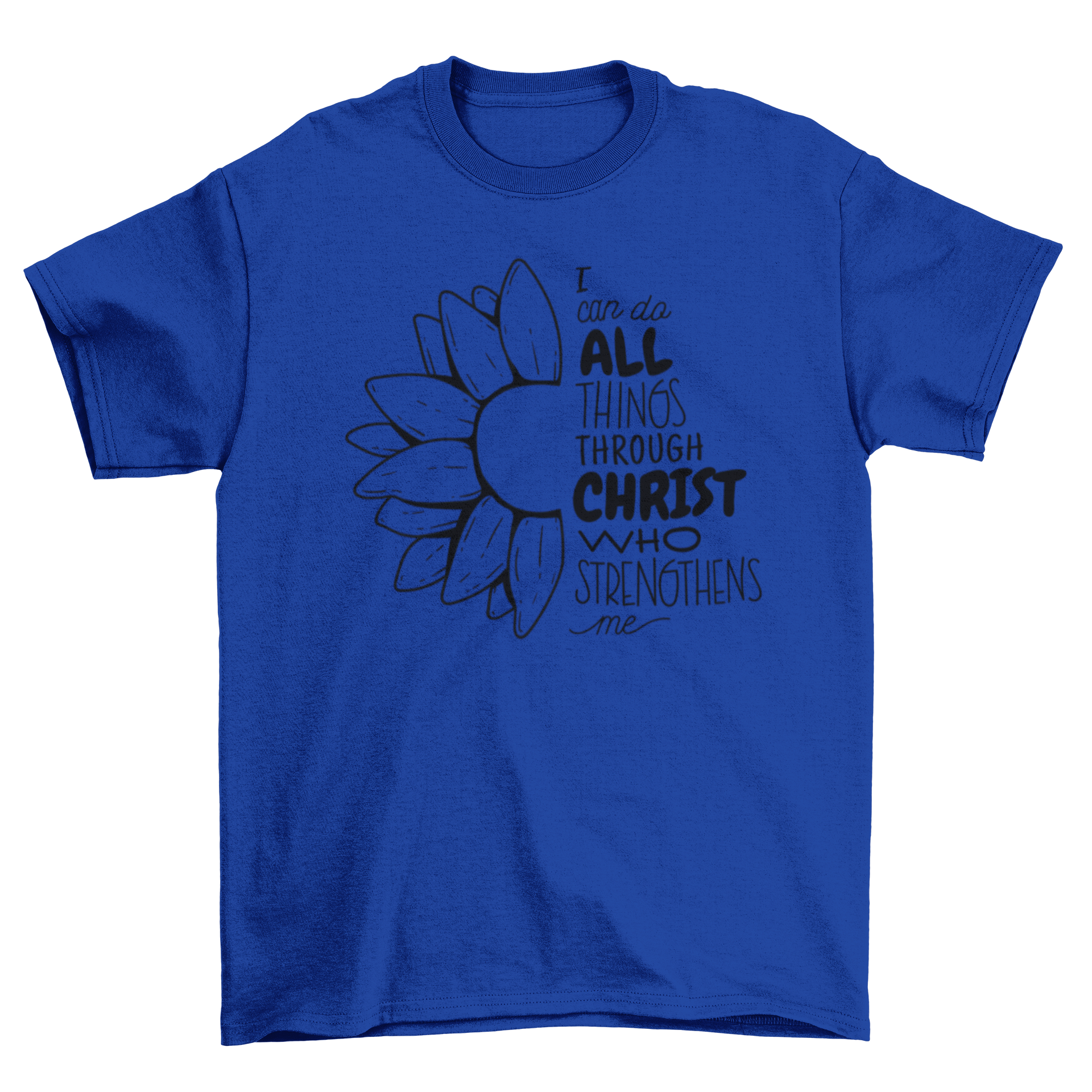 A stylish Christian t-shirt featuring the quote 'I can do all things through Christ who strengthens me' in bold lettering.