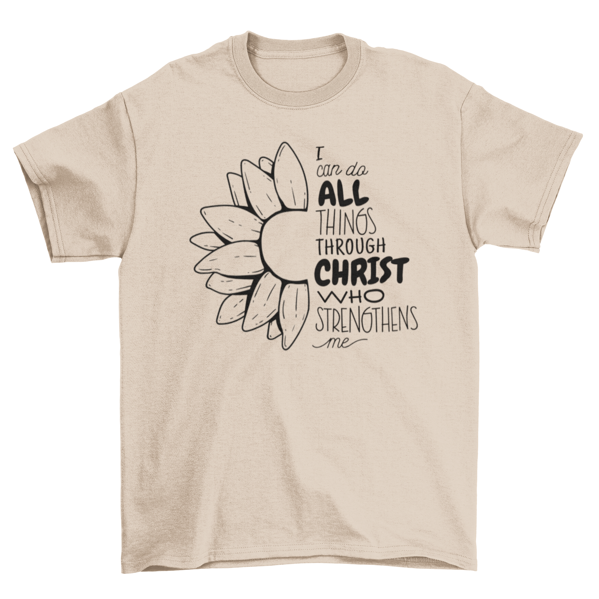 A stylish Christian t-shirt featuring the quote 'I can do all things through Christ who strengthens me' in bold lettering.