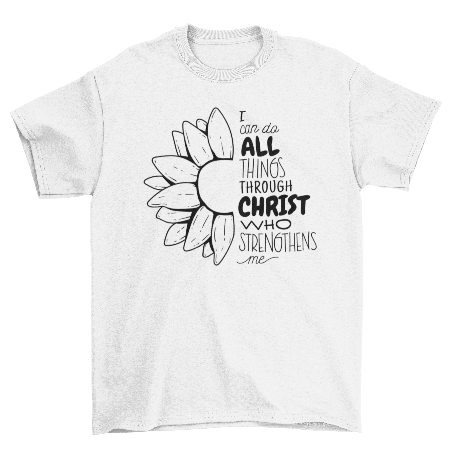 A stylish Christian t-shirt featuring the quote 'I can do all things through Christ who strengthens me' in bold lettering.