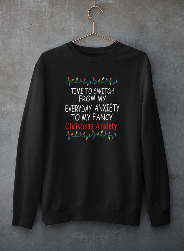 Cozy Christmas Anxiety Sweat Shirt featuring unique artistic designs, made from cotton/poly fleece blend.