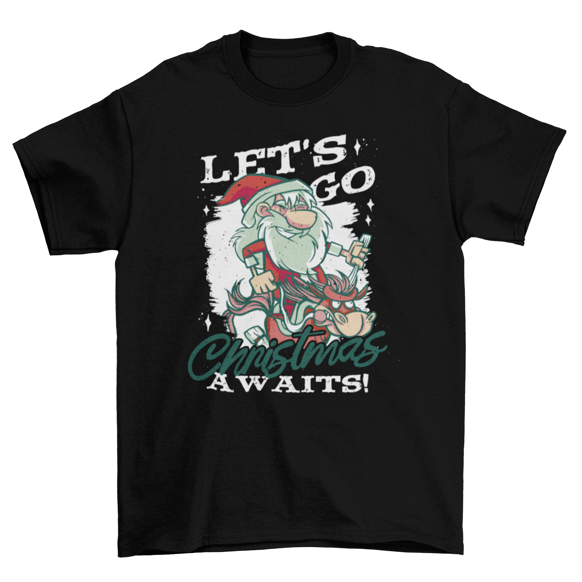 A festive Christmas t-shirt featuring Santa riding a horse with the quote 'Let's go Christmas awaits!' in vibrant colors.