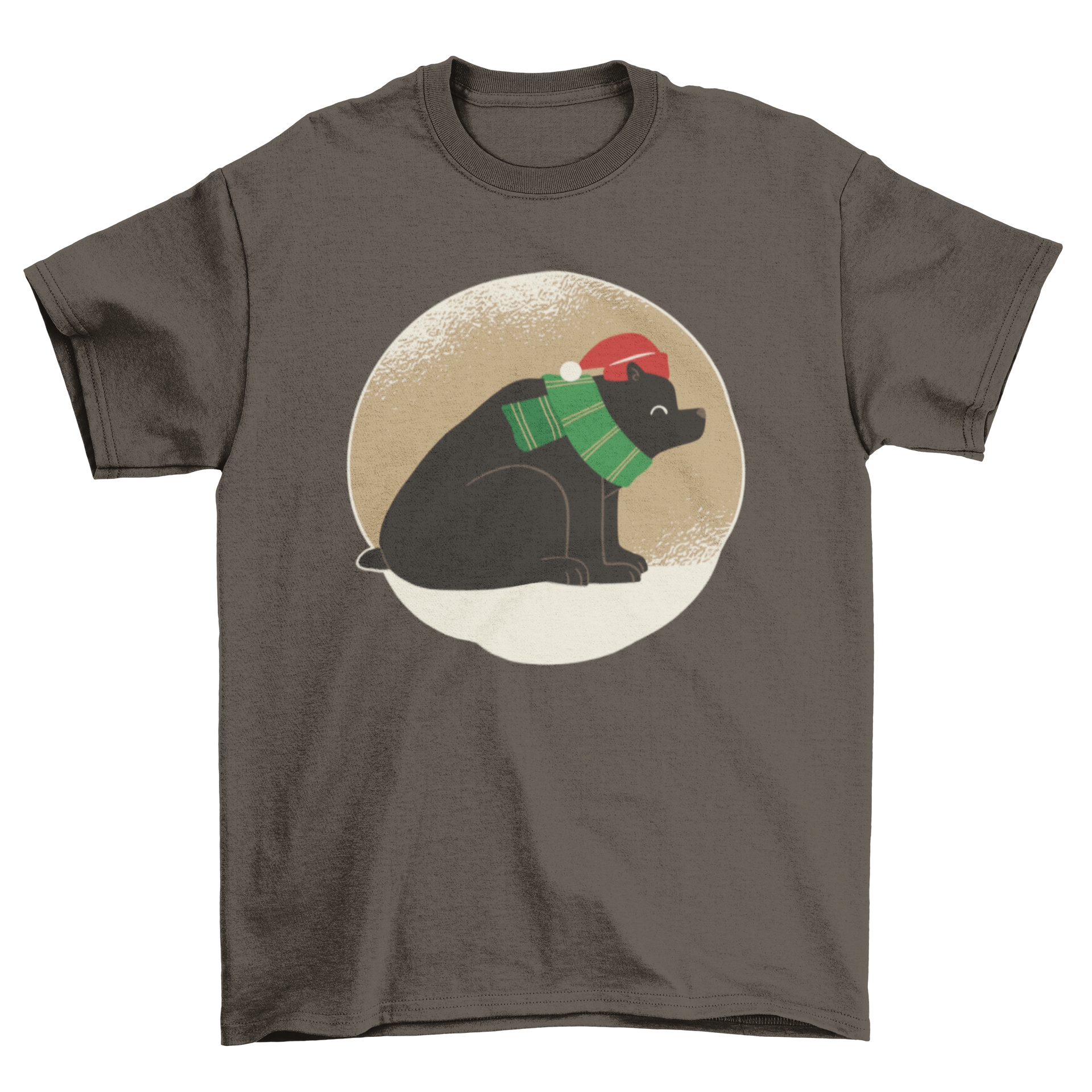 A cheerful black bear smiling on a Christmas-themed T-shirt design.