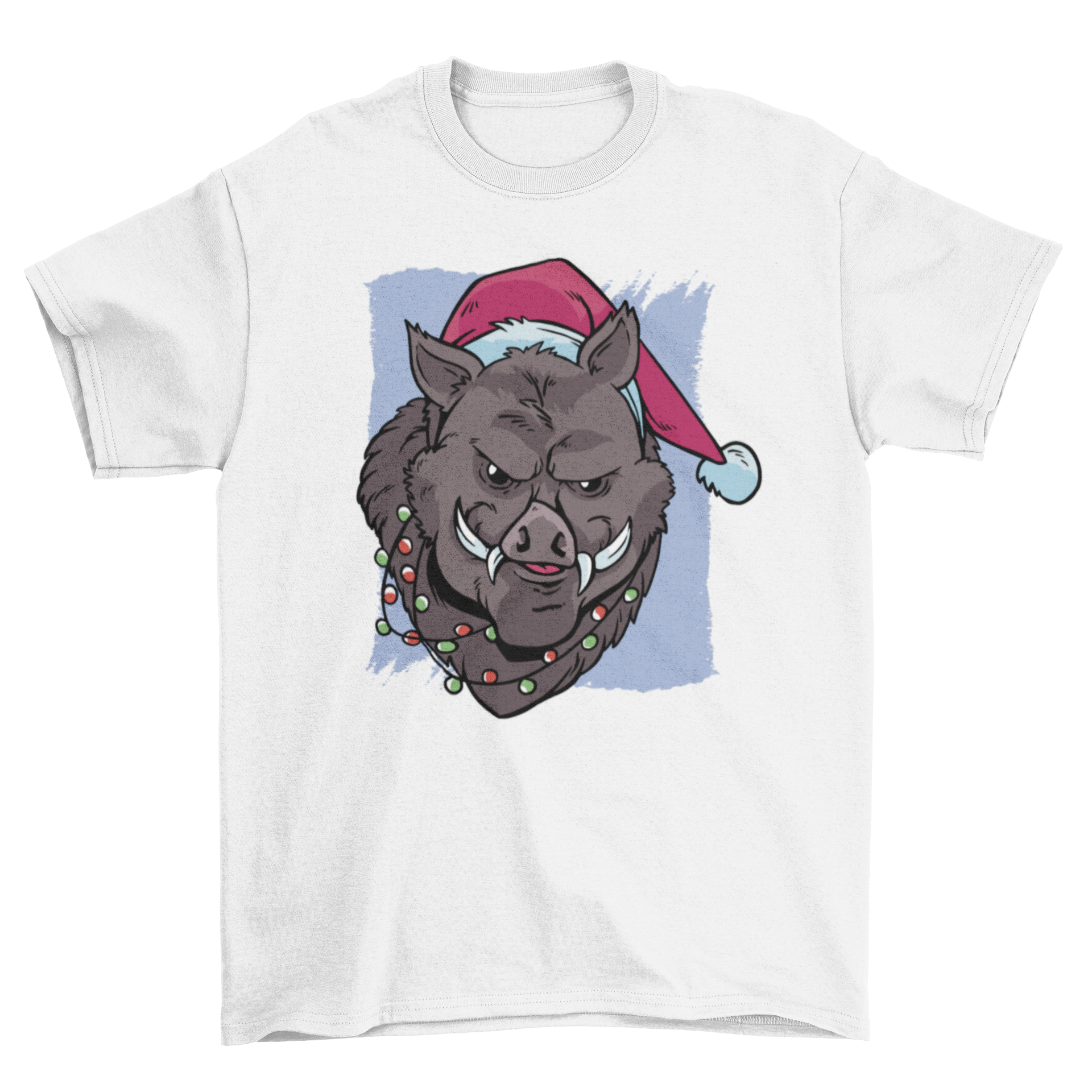 A festive Christmas t-shirt featuring a boar wearing a Santa hat and colorful Christmas lights.