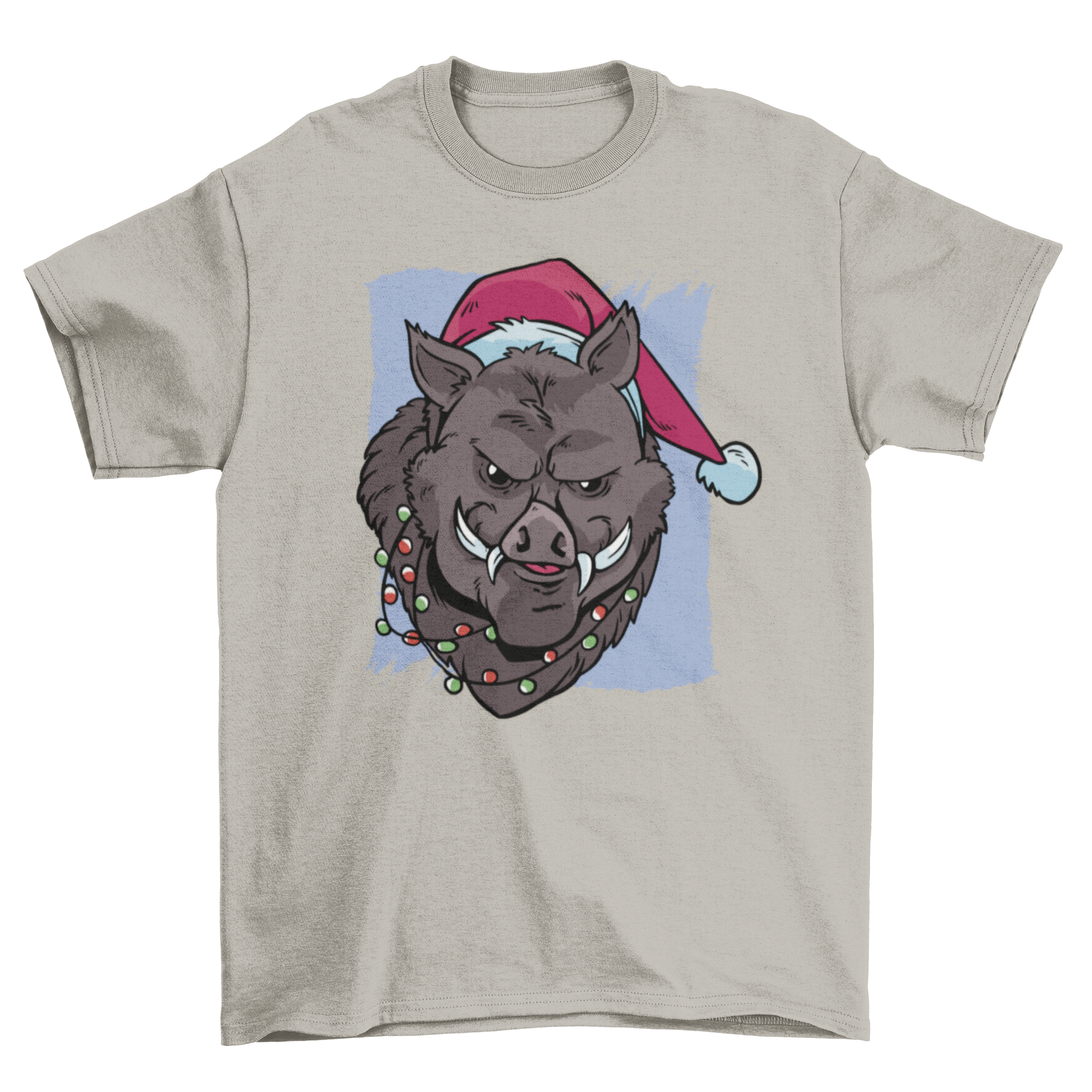 A festive Christmas t-shirt featuring a boar wearing a Santa hat and colorful Christmas lights.