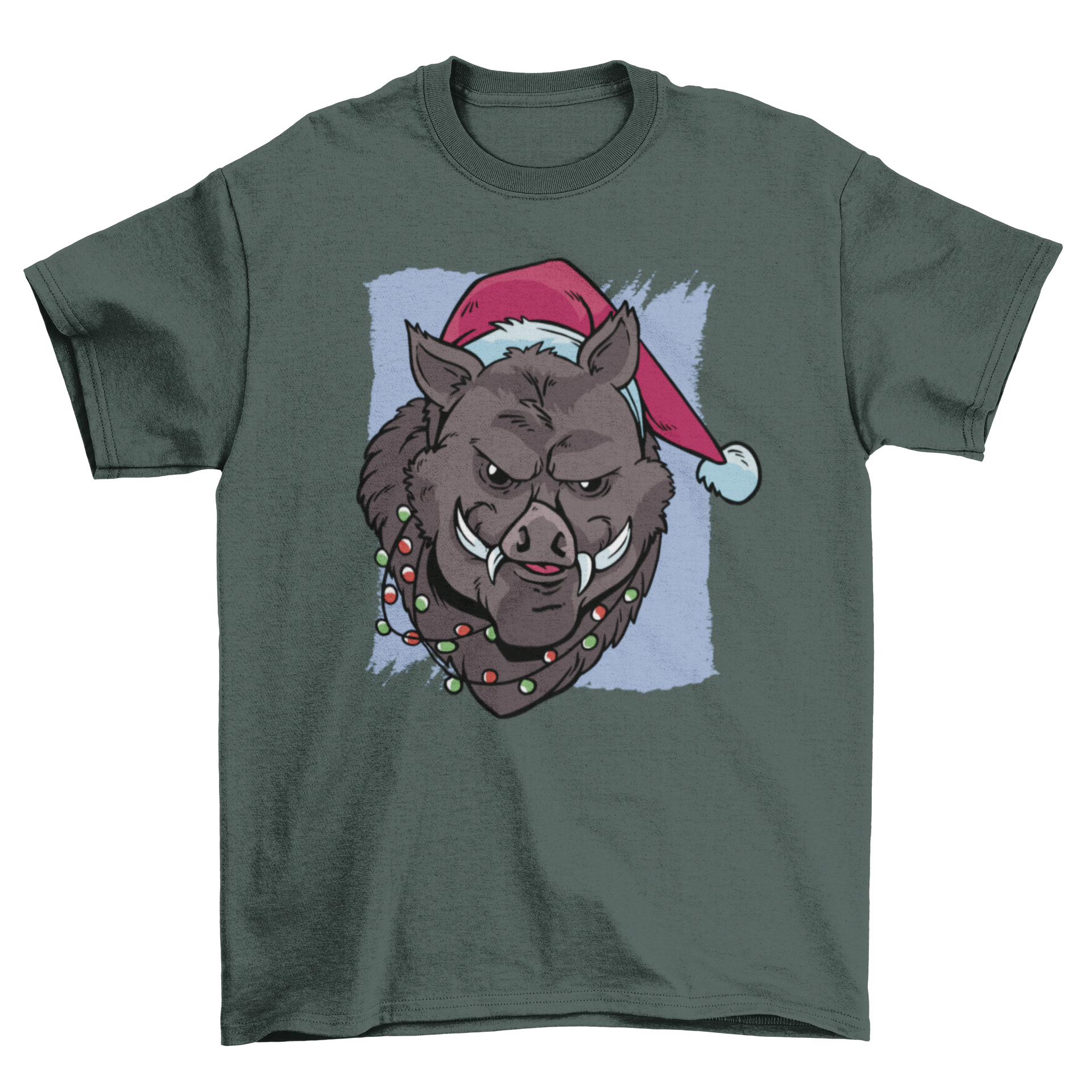A festive Christmas t-shirt featuring a boar wearing a Santa hat and colorful Christmas lights.