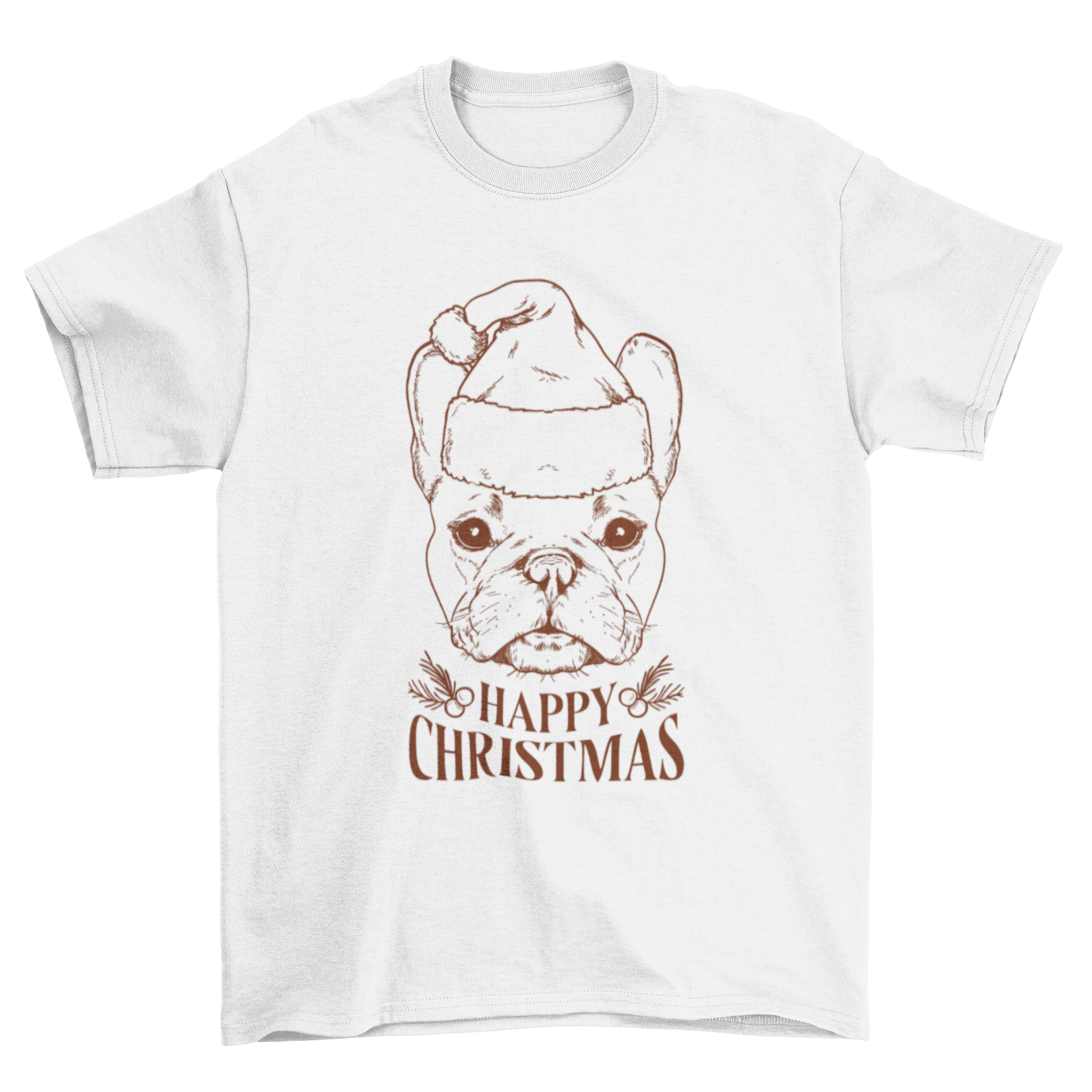 A festive Christmas bulldog wearing a red Christmas hat with the quote 'Happy Christmas' on a soft t-shirt.
