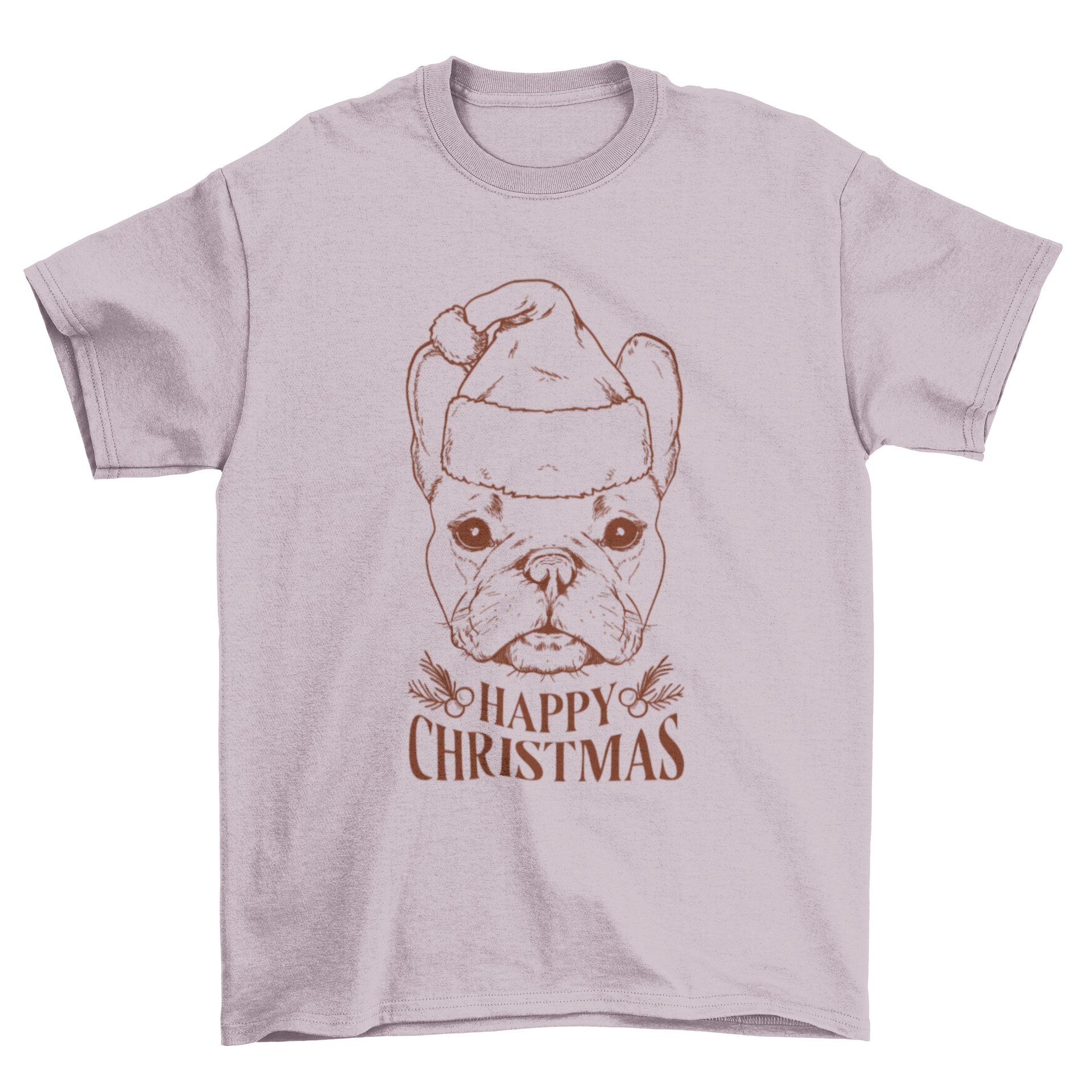 A festive Christmas bulldog wearing a red Christmas hat with the quote 'Happy Christmas' on a soft t-shirt.