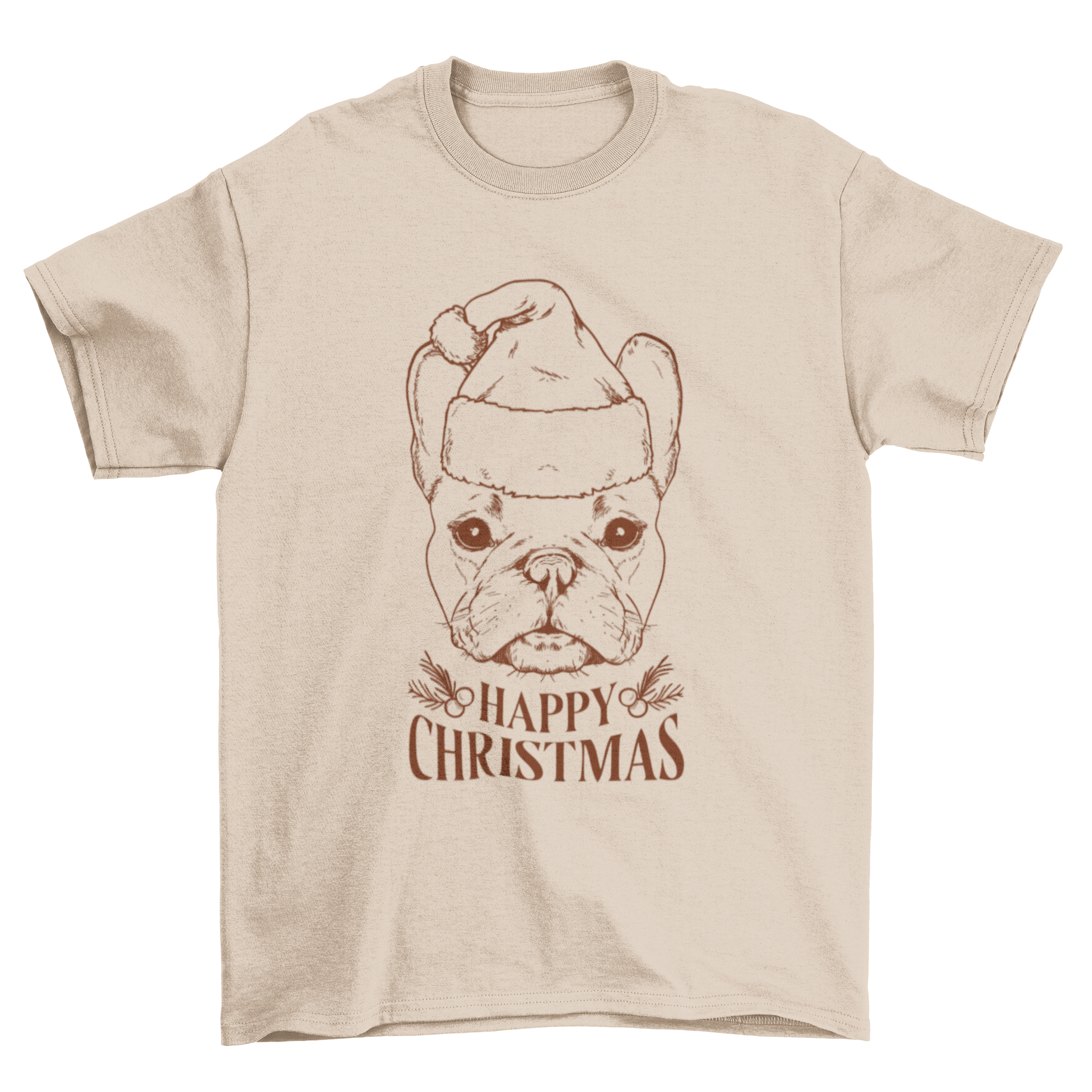 A festive Christmas bulldog wearing a red Christmas hat with the quote 'Happy Christmas' on a soft t-shirt.