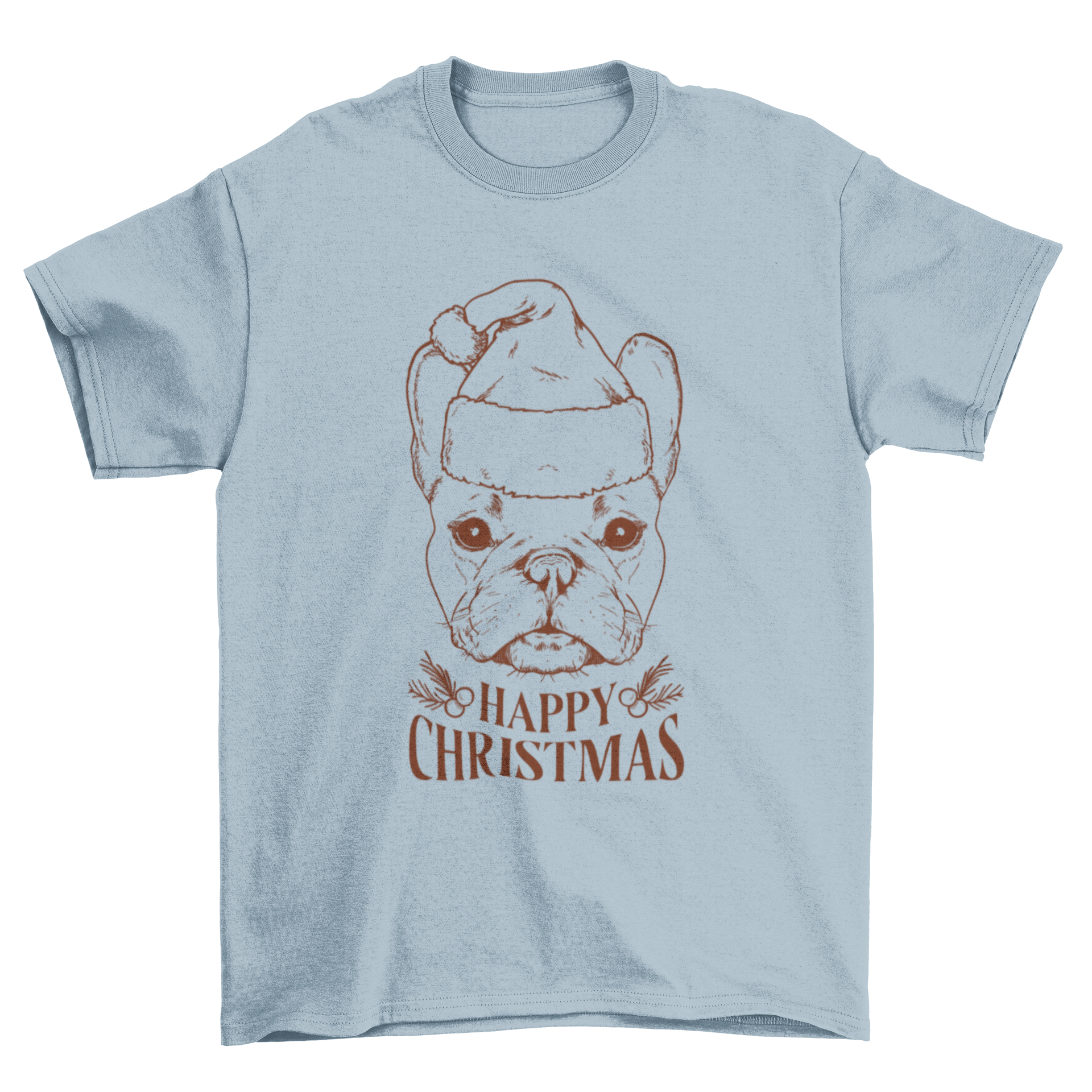 A festive Christmas bulldog wearing a red Christmas hat with the quote 'Happy Christmas' on a soft t-shirt.