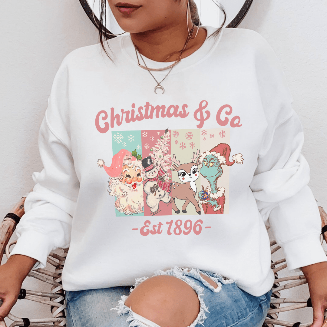 Cozy Christmas & Co Est 1896 sweat featuring unique artist designs, made from cotton/poly fleece blend.
