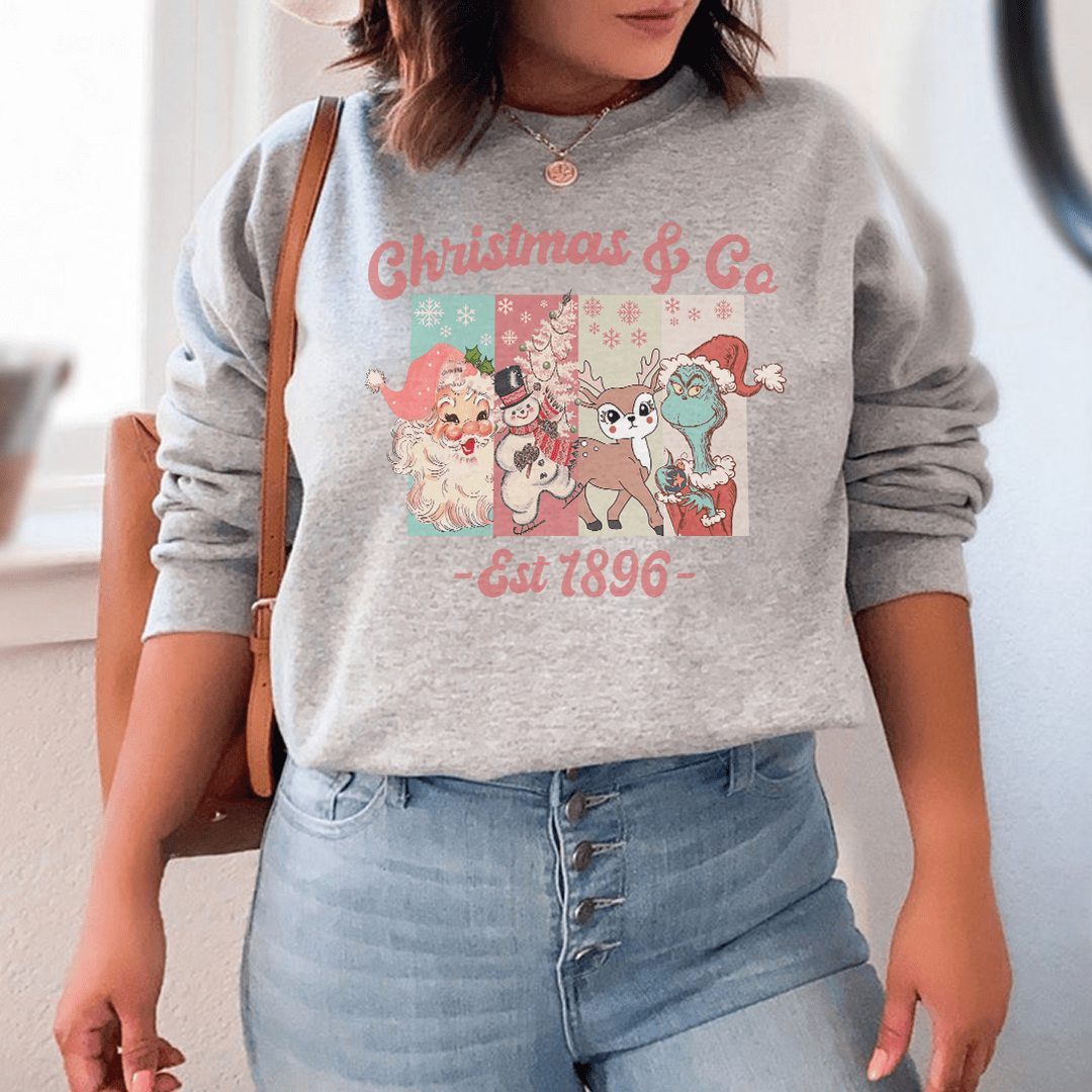 Cozy Christmas & Co Est 1896 sweat featuring unique artist designs, made from cotton/poly fleece blend.
