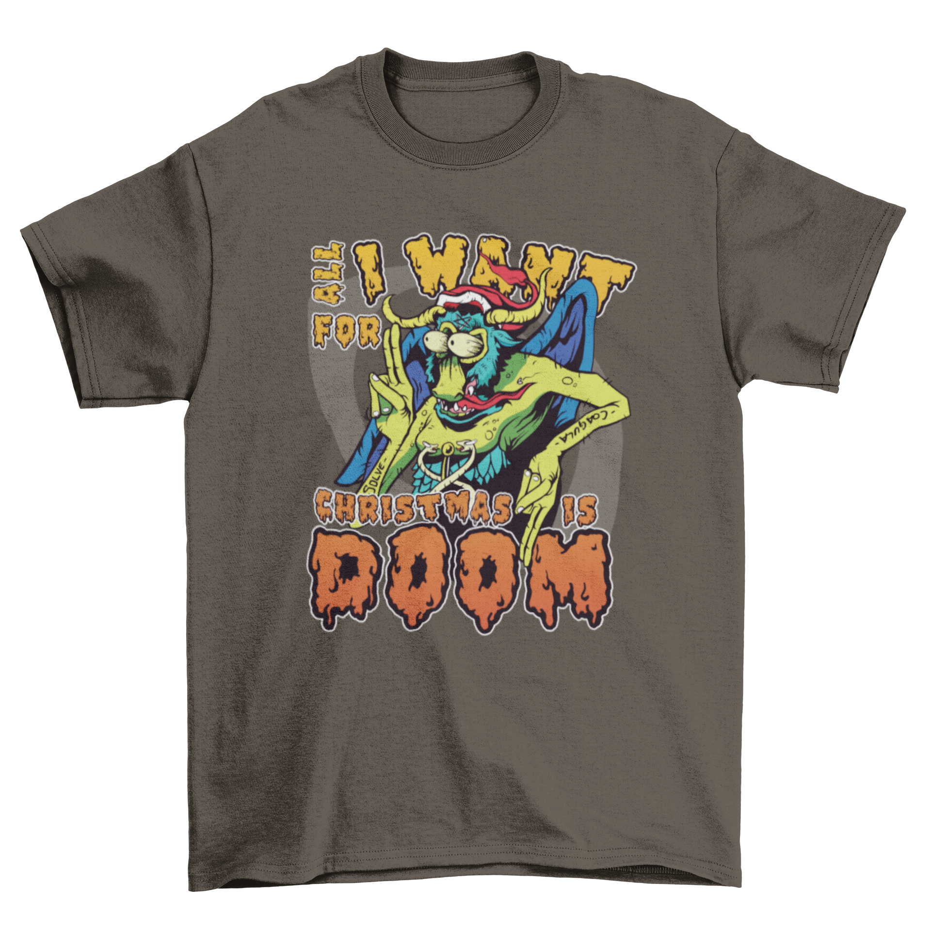 A festive Christmas Demon T-shirt featuring a playful demon design and the quote 'ALL I WANT FOR CHRISTMAS IS DOOM.'